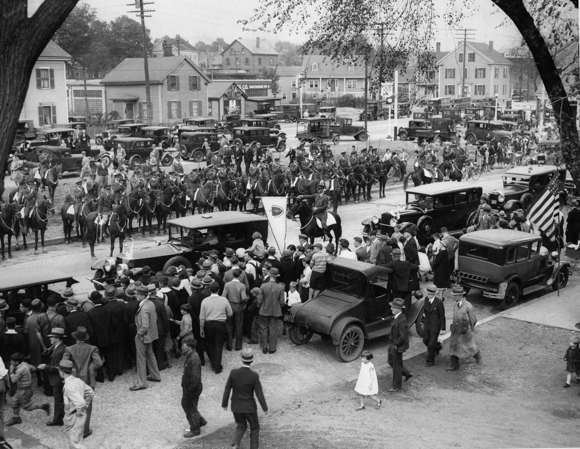 In May 1930, Massachusetts Governor Frank G. Allen, former president Calvin Coolidge, and members of the state Legislature were greeted by the 110th Cavalry at the junction of North Beacon and Arsenal streets during the Watertown Tercentenary Celebration.
