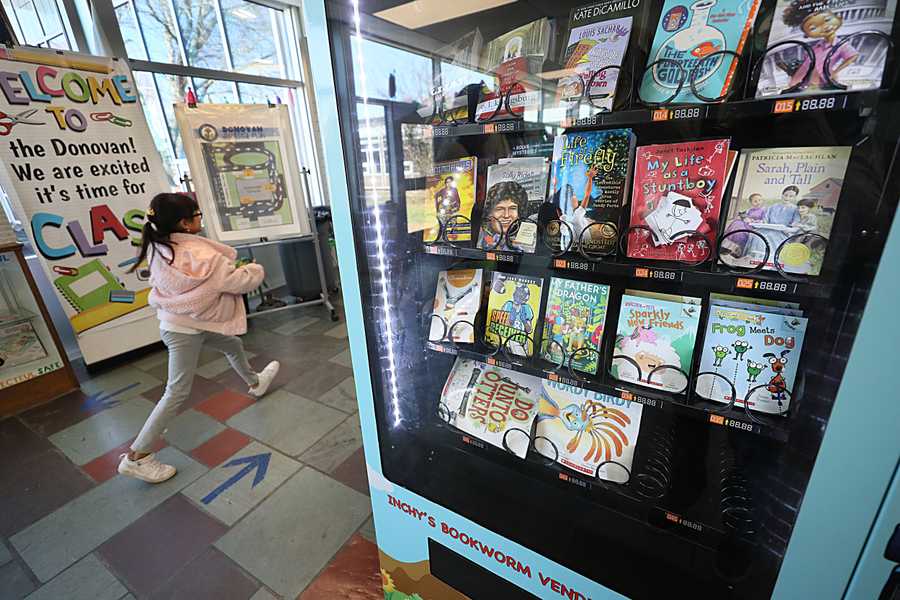 Randolph, MA,  04/10/2023,  A book vending machine at the Margaret L. Donovan Elementary School. 
Suzanne Kreiter\Globe staff