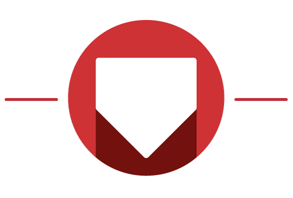 Icon of a home plate on a red circular background.