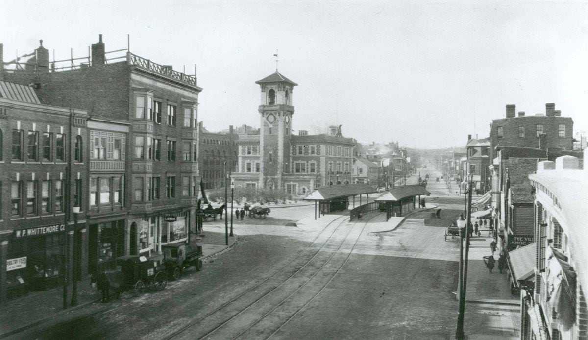 Brookline Village, or Village Square, was the earliest hub for retail in Brookline. This 1915 photo shows the stretch of Washington Street looking west to what is now Route 9.