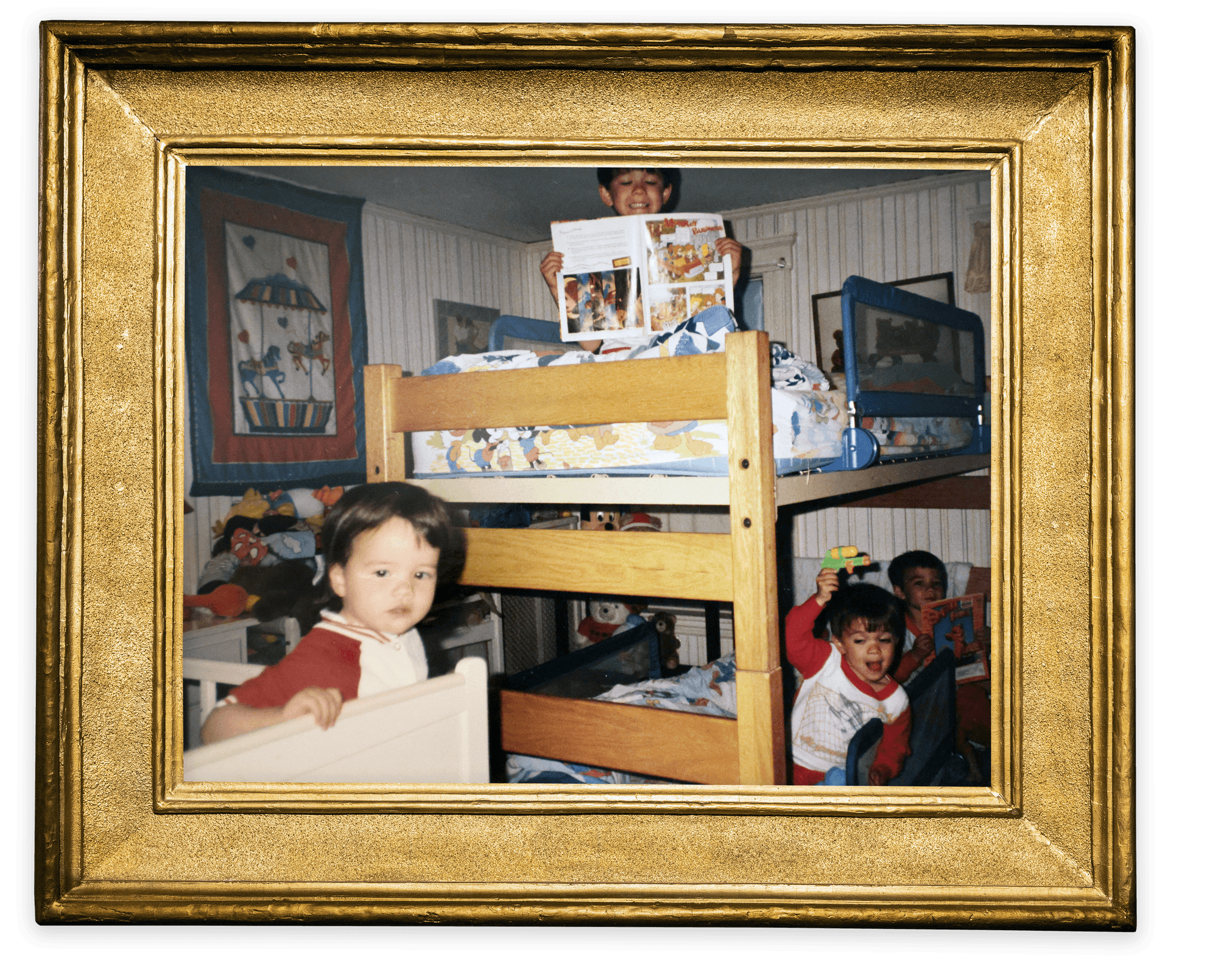 Four of Mary Logue’s grandchildren — Amanda, Brendan, James, and Justin (left to right) — play on their bunk beds in the bottom floor of the Dartmouth Street home. 