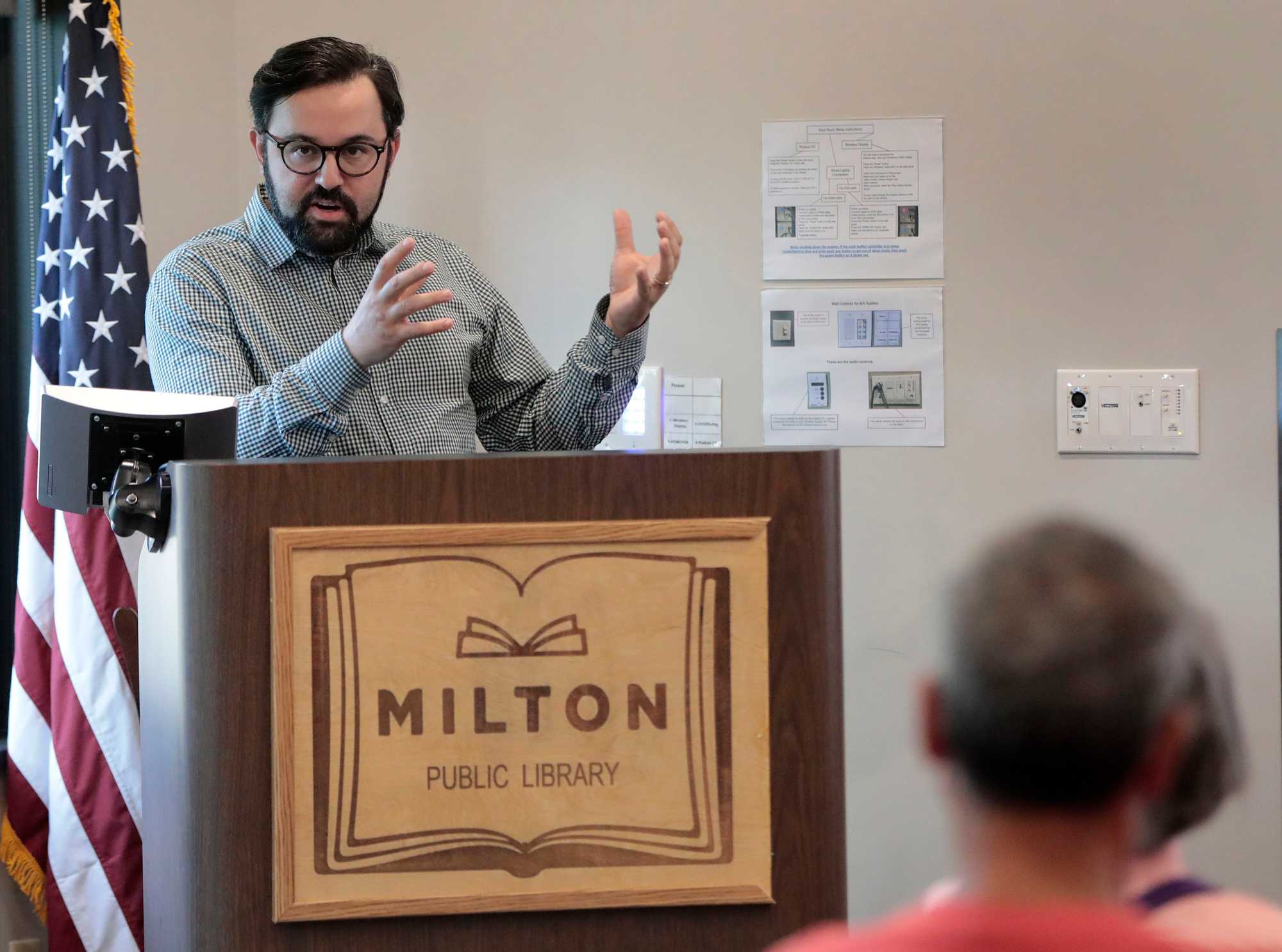 Milton, MA  6/15/23   Tim Czerwienski (cq), director of planning & community development for the Town of Milton, leads a public informational meeting on the MBTA communities law, in the Milton Public Library.  (Photo by Pat Greenhouse/Globe Staff)  Story by Mark Arsenault
XXhousingCrisis
XXhousingCrisis1