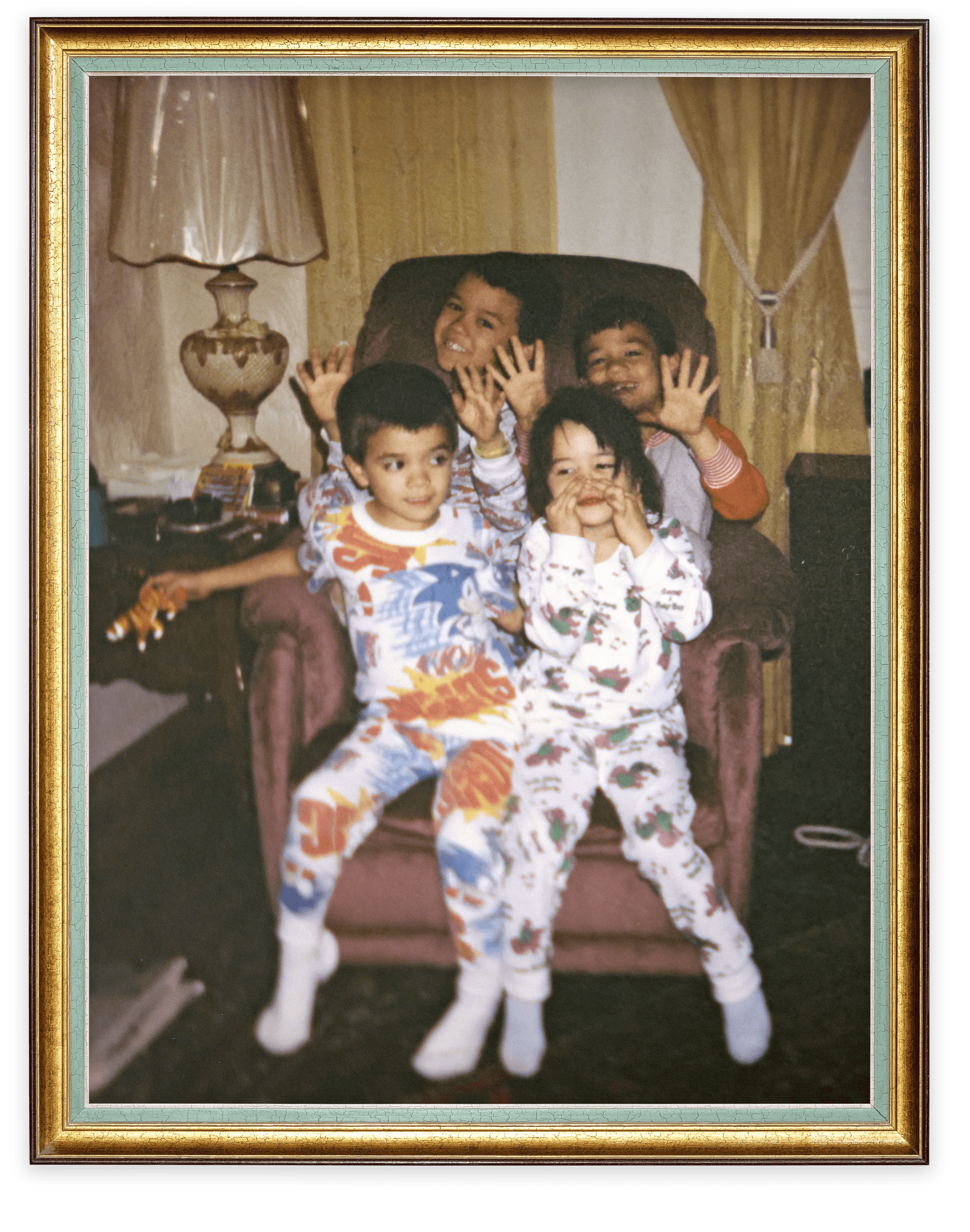 James (bottom left), Amanda (bottom right), Brendan (top left) and Justin, in the living room of their grandmother, Mary Logue, in 1996. 