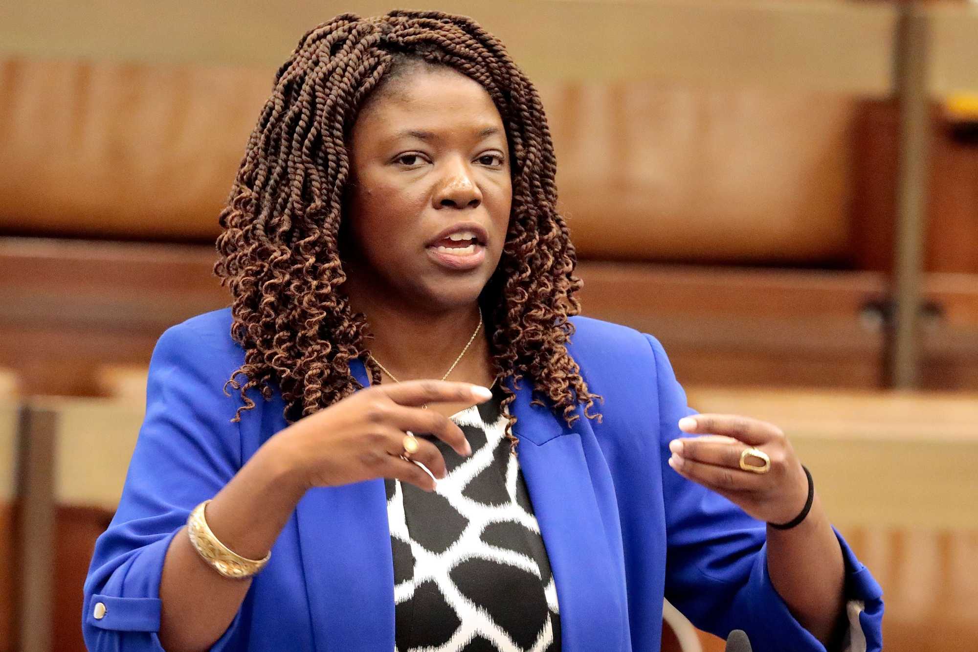 Boston, MA  5/24/23   Boston City Councilor At-Large Ruthzee Louijeune (cq) explains her process.  At the noon meeting, the Boston City Council votes on a revised redistricting map.  (Photo by Pat Greenhouse/Globe Staff)  Story by Emma Platoff
25Redistricting
25Redistricting6