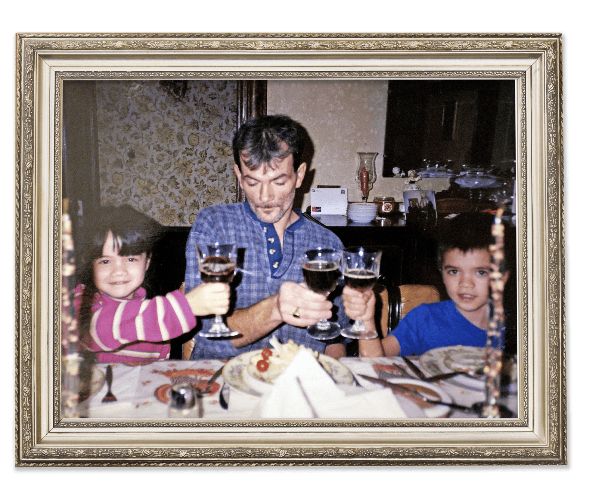 Amanda (left) and James celebrate Thanksgiving with their father, James Patrick Logue Jr., at the Dartmouth Street home in the ‘90s.