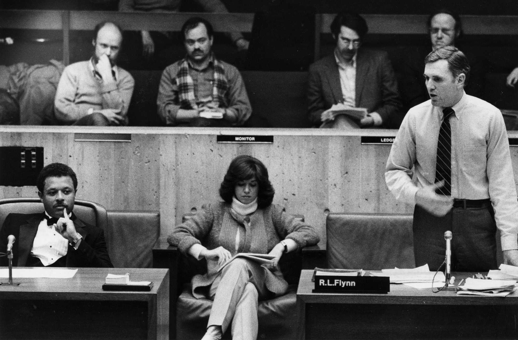 Boston, MA - 12/31/1982: Ray Flynn speaks out against passing a rent control bill at a City Council meeting in Boston, Dec. 31, 1982.  (Janet Knott/Globe Staff) --- BGPA Reference: 170912_ON_006