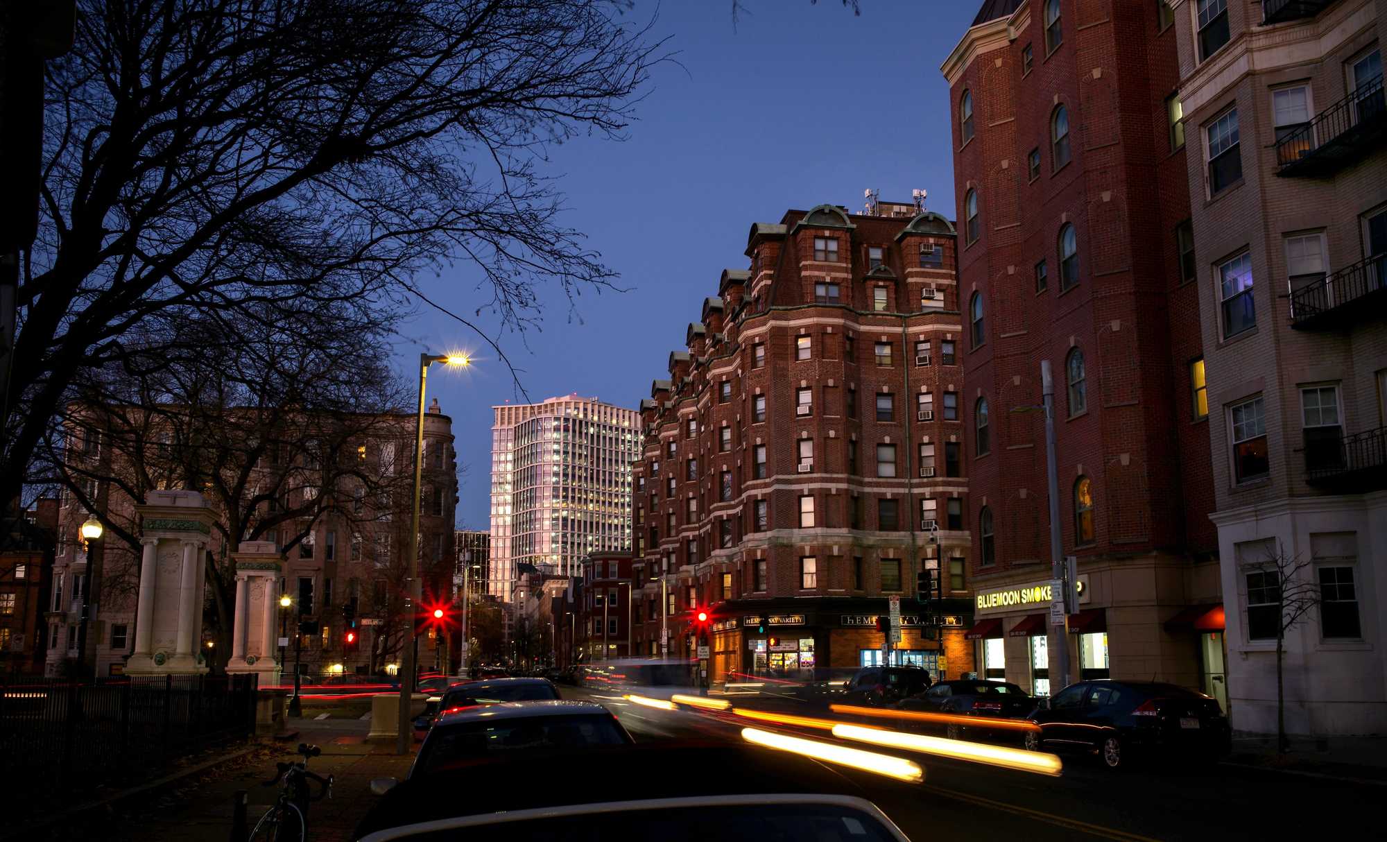 The stately brick Parkside building (center), located in the heart of the Fenway neighborhood, now has an assessed value that is seven times higher than it was when rent control ended.