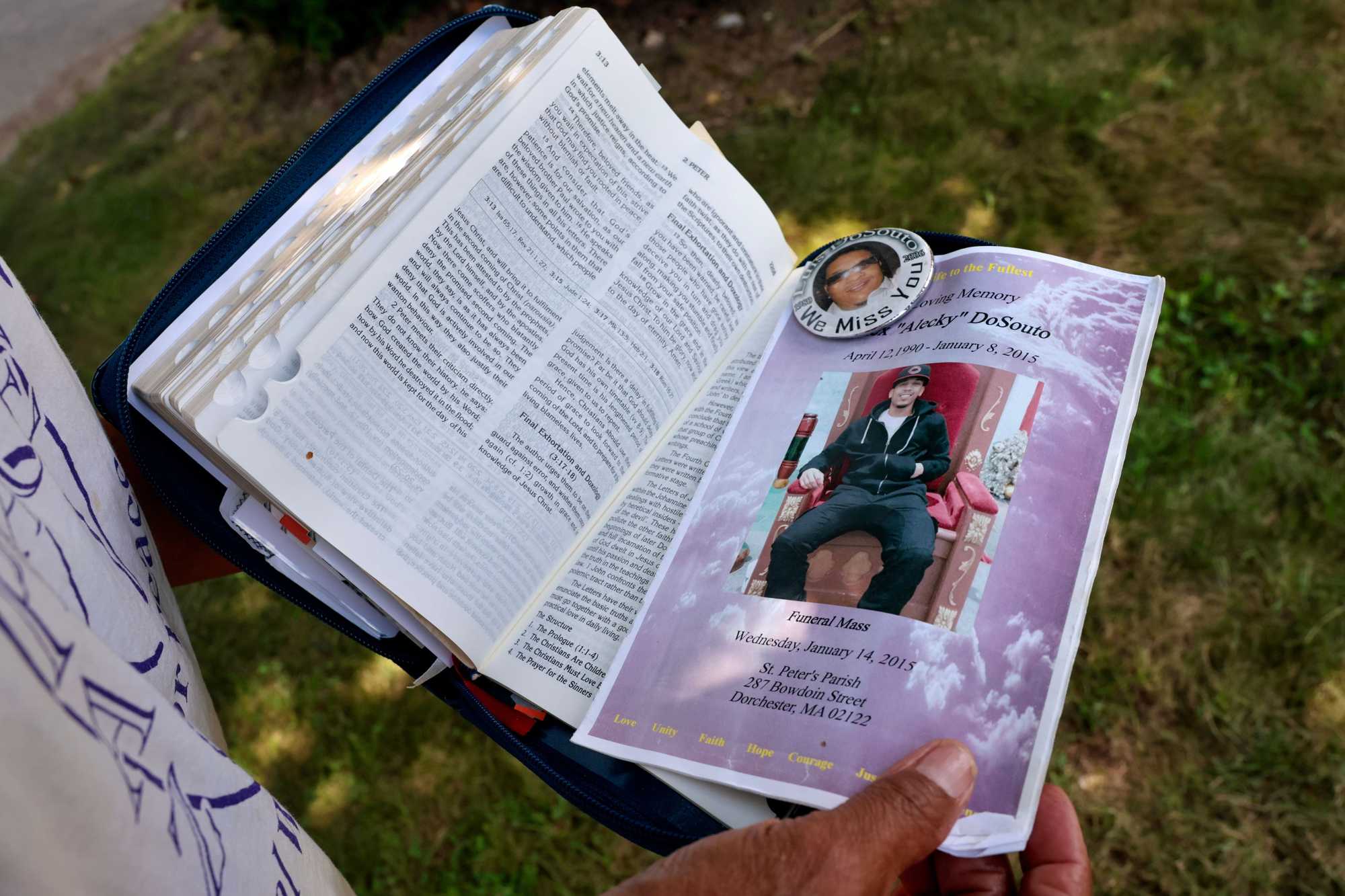 Isaura Mendes keeps a Bible in every room of her house as well as her car. The Bible in her car contains a copy of the program from Alex DoSouto's funeral and a pin honoring his slain brother Luis DoSouto.