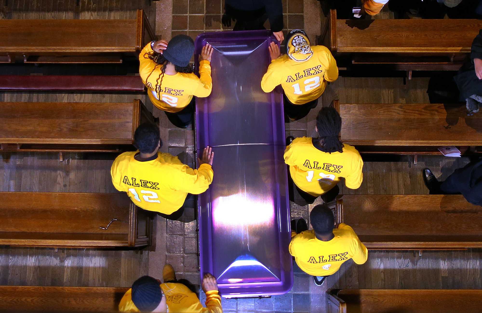 The funeral Mass for Alex DoSouto reflected his adoration of Los Angeles Lakers star Kobe Bryant. At the family's request, a casket the color of Lakers purple was found in Texas and shipped to Dorchester for them.