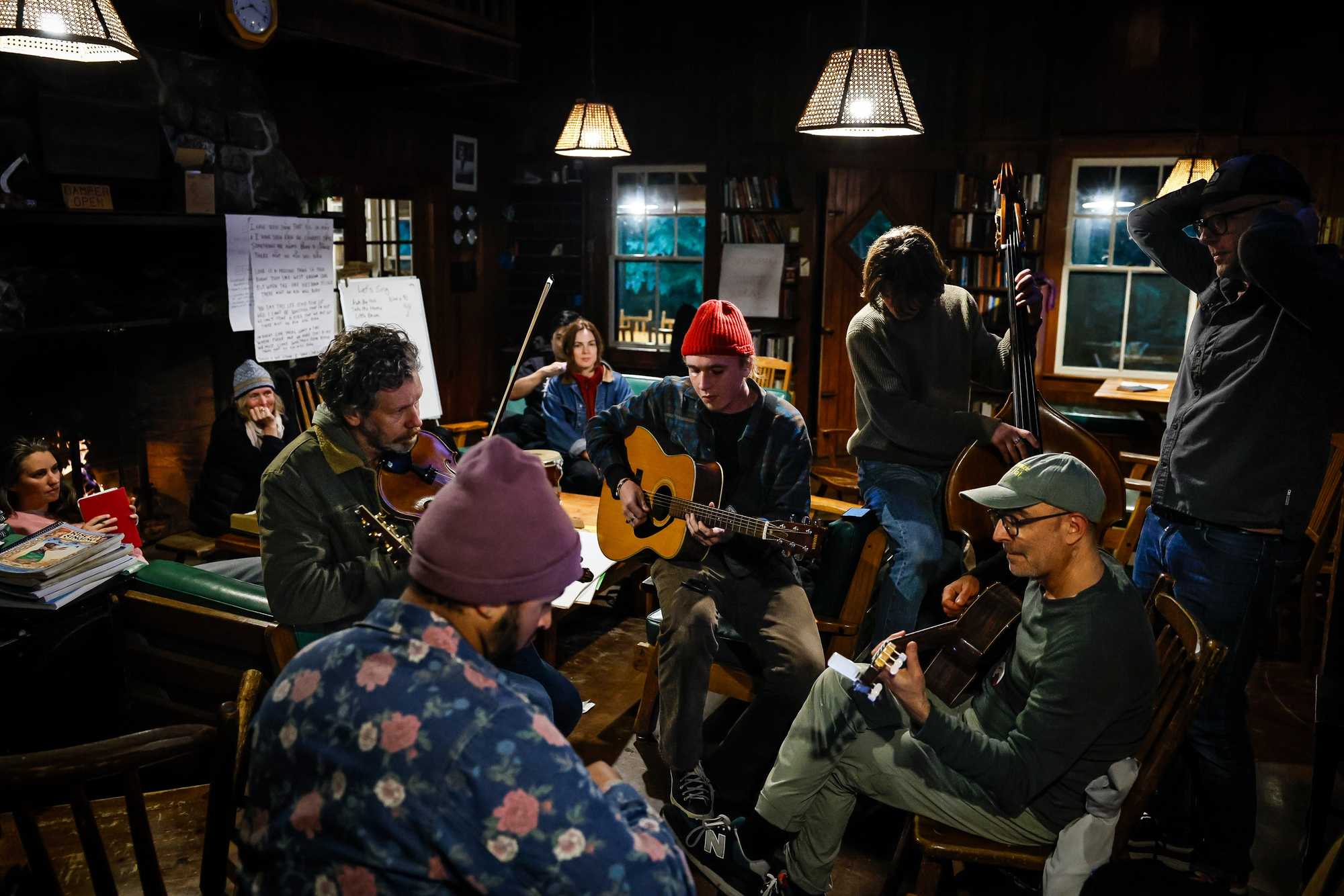A jam session takes place in what campers call the fireside room.