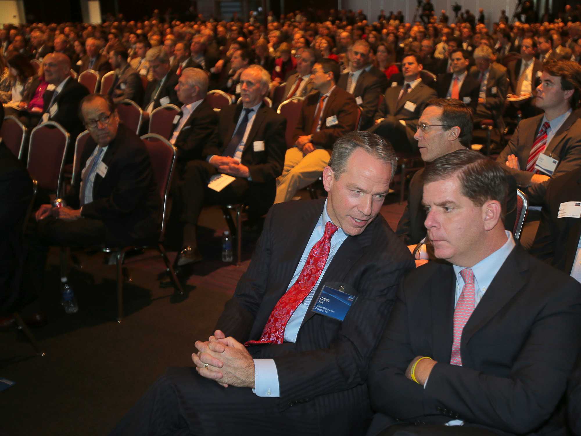 John Fish (left, with former Boston Mayor Marty Walsh) proposed a $45 million investment in White Stadium. Fish wanted to expand use of the stadium, which was locked to the public, and anticipated outdoor and indoor basketball courts, classrooms, and more.