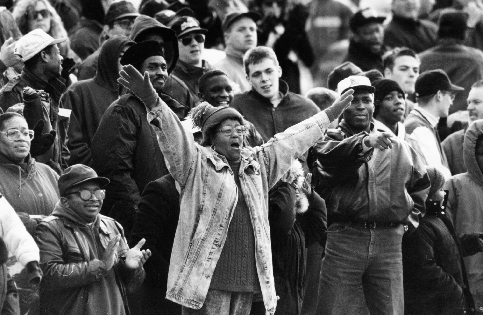 Both East Boston and South Boston were 9-0 entering their 1991 Thanksgiving Day rivalry game at White Stadium. Here, Southie fans celebrate a touchdown during their 14-12 win.