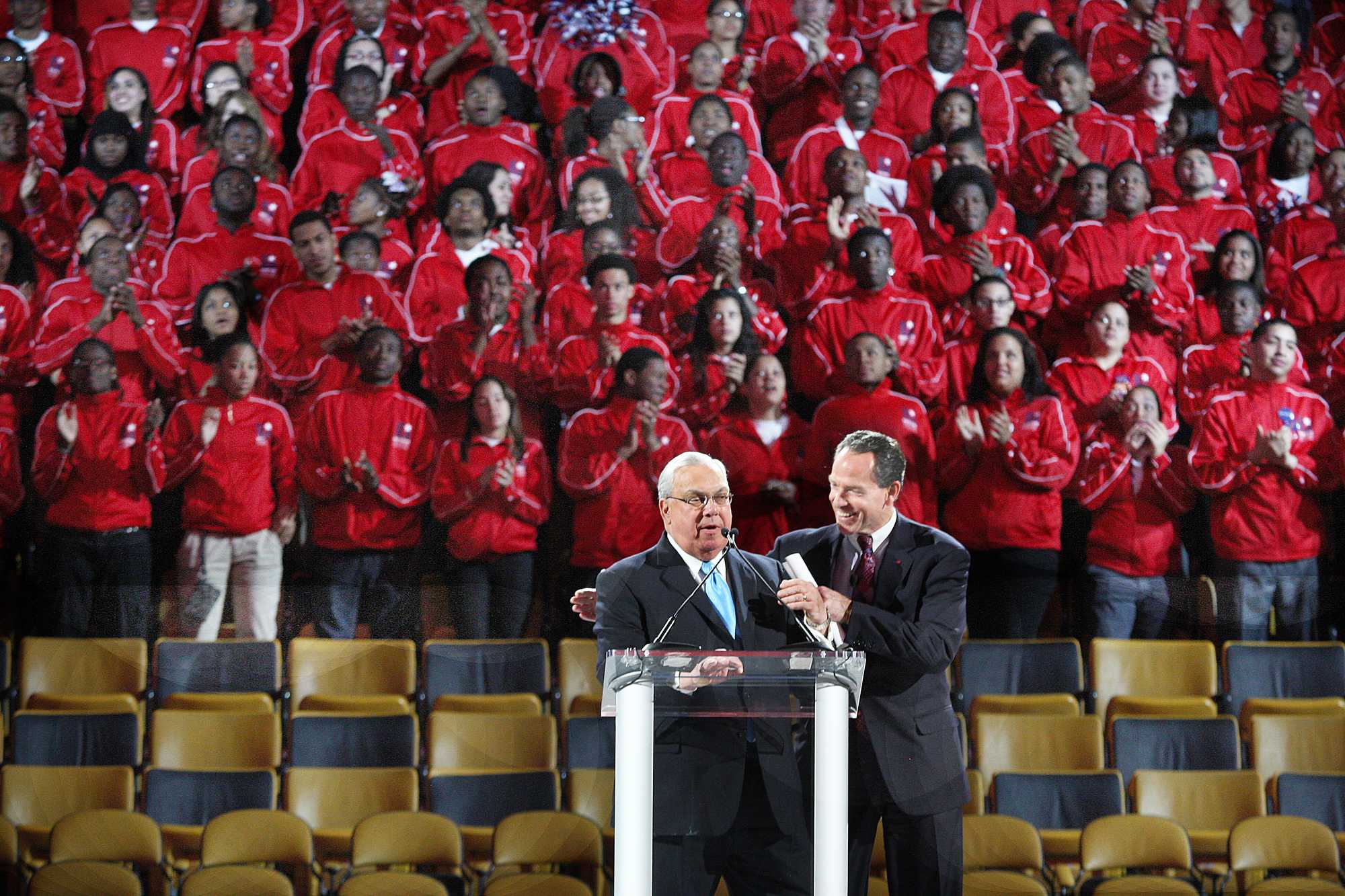 Former Boston Mayor Tom Menino (left) and John Fish host the Boston Scholar Athletes party in 2012, which raised $1.4 million for the fund. It was quietly shuttered in 2021 after spending more than $25 million on 27,000 Boston student-athletes.