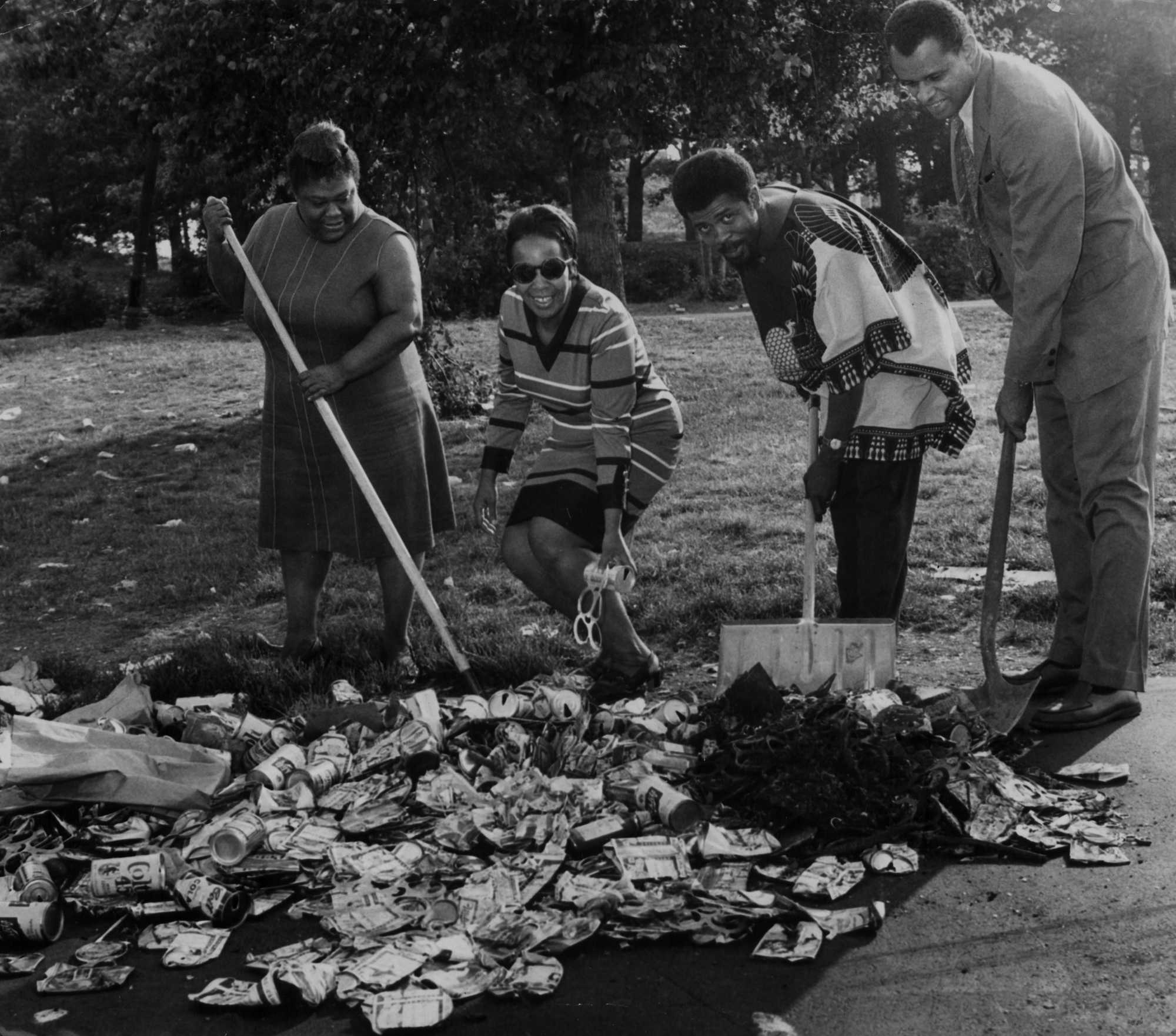 Elma Lewis, Helen Singleton, Devon Gaines and John Francis pose for a photo op in Franklin Park on June 13, 1969. Lewis, the famed arts educator, was rallying support to get volunteers to help clean up the park.