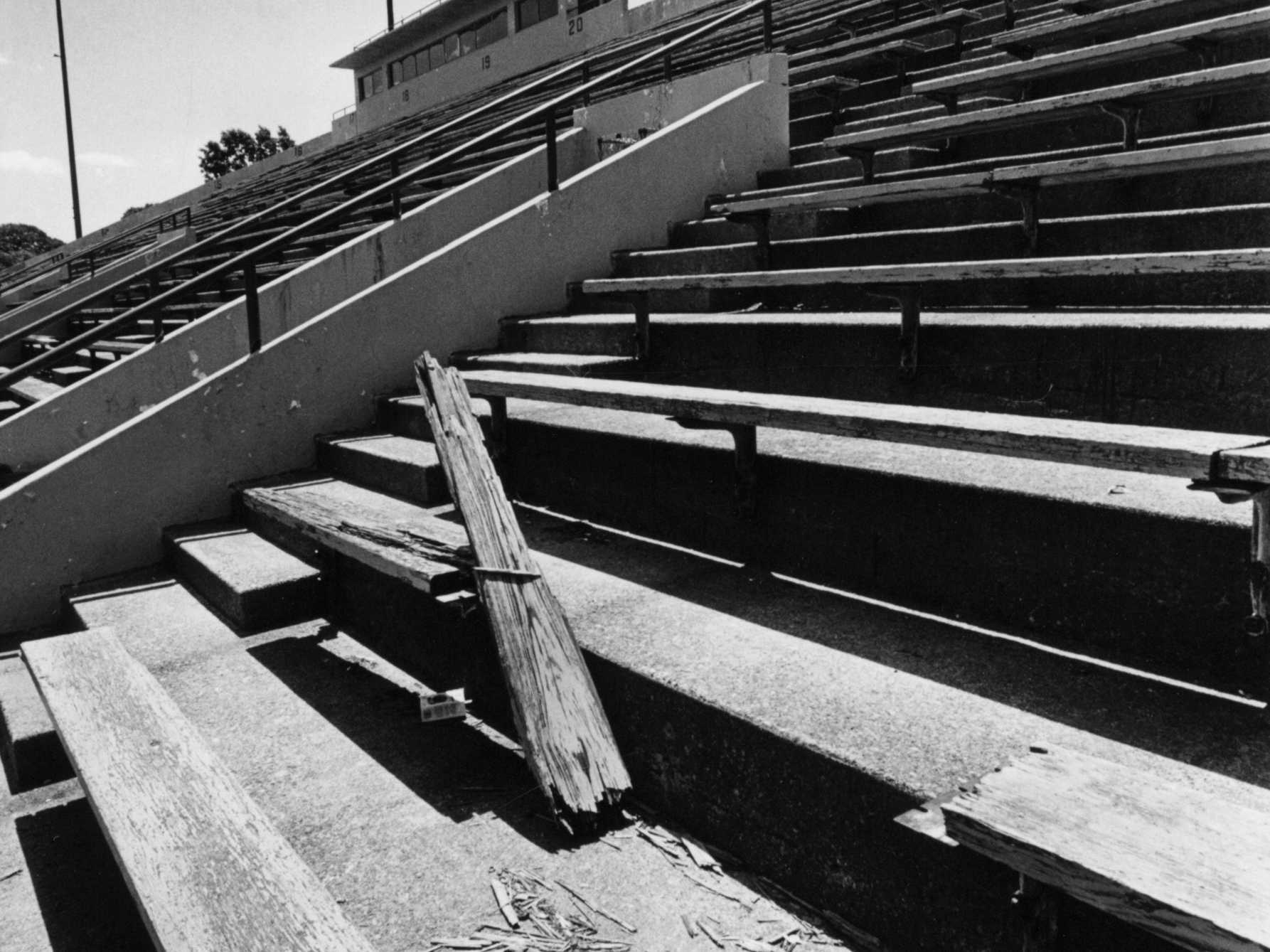 The wooden bleachers at White Stadium are shown broken in July 1986. In the early 1980s, the city planned between $2 million and $3 million in renovations for the stadium but progress took nearly a decade.