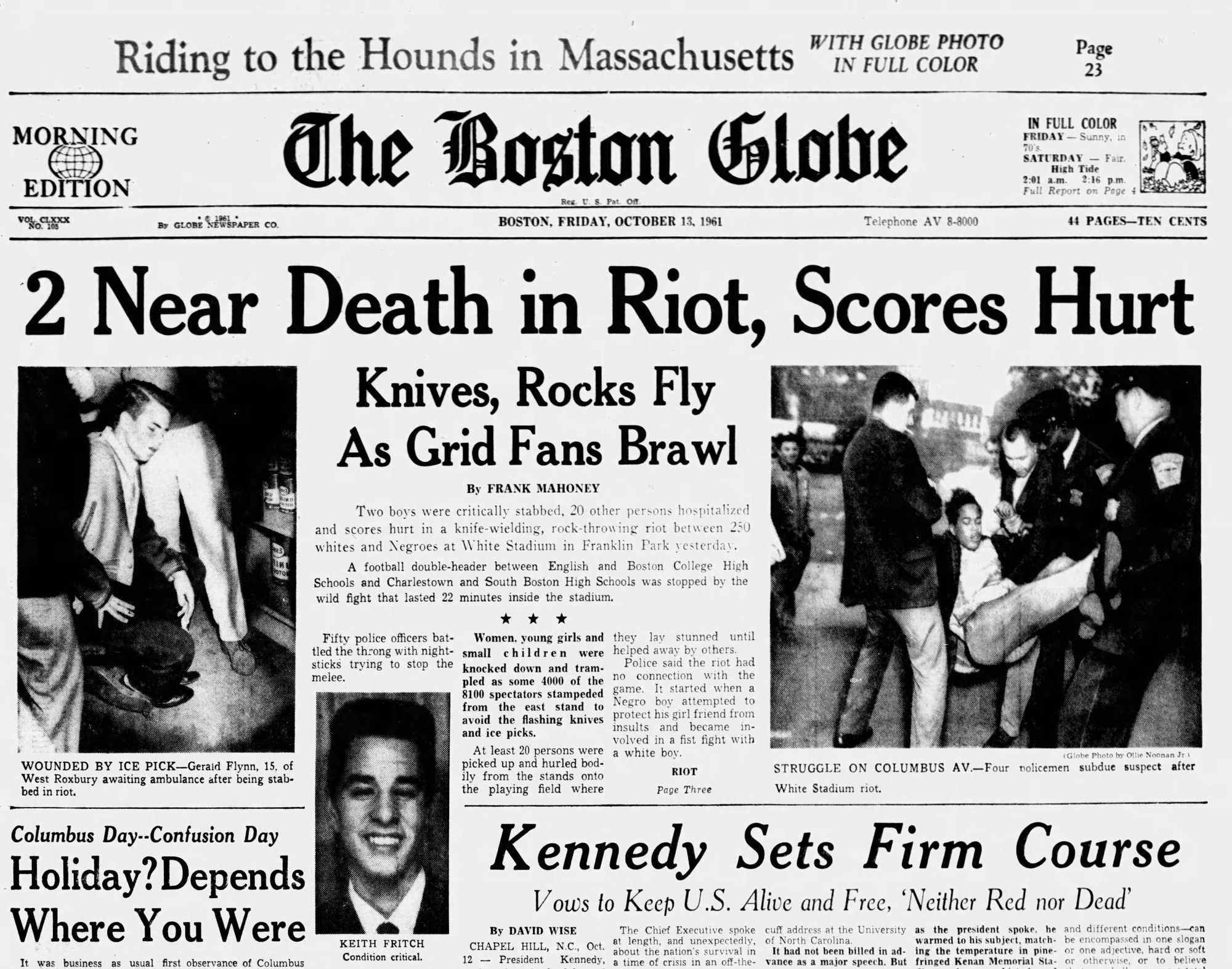 The front page of the Boston Globe on Oct. 13, 1961, a day after a riot began when a Black youth was trying to protect his girlfriend from insults hurled by a white man. This page and its language reflect the common terms used at the time.