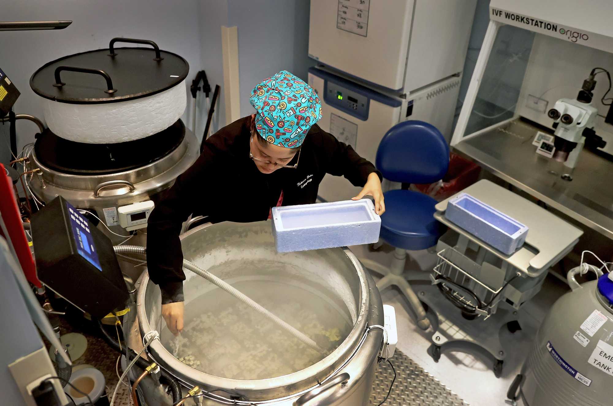An embryologist worked in the IVF lab at the Brigham & Women's Hospital in Boston in 2024.