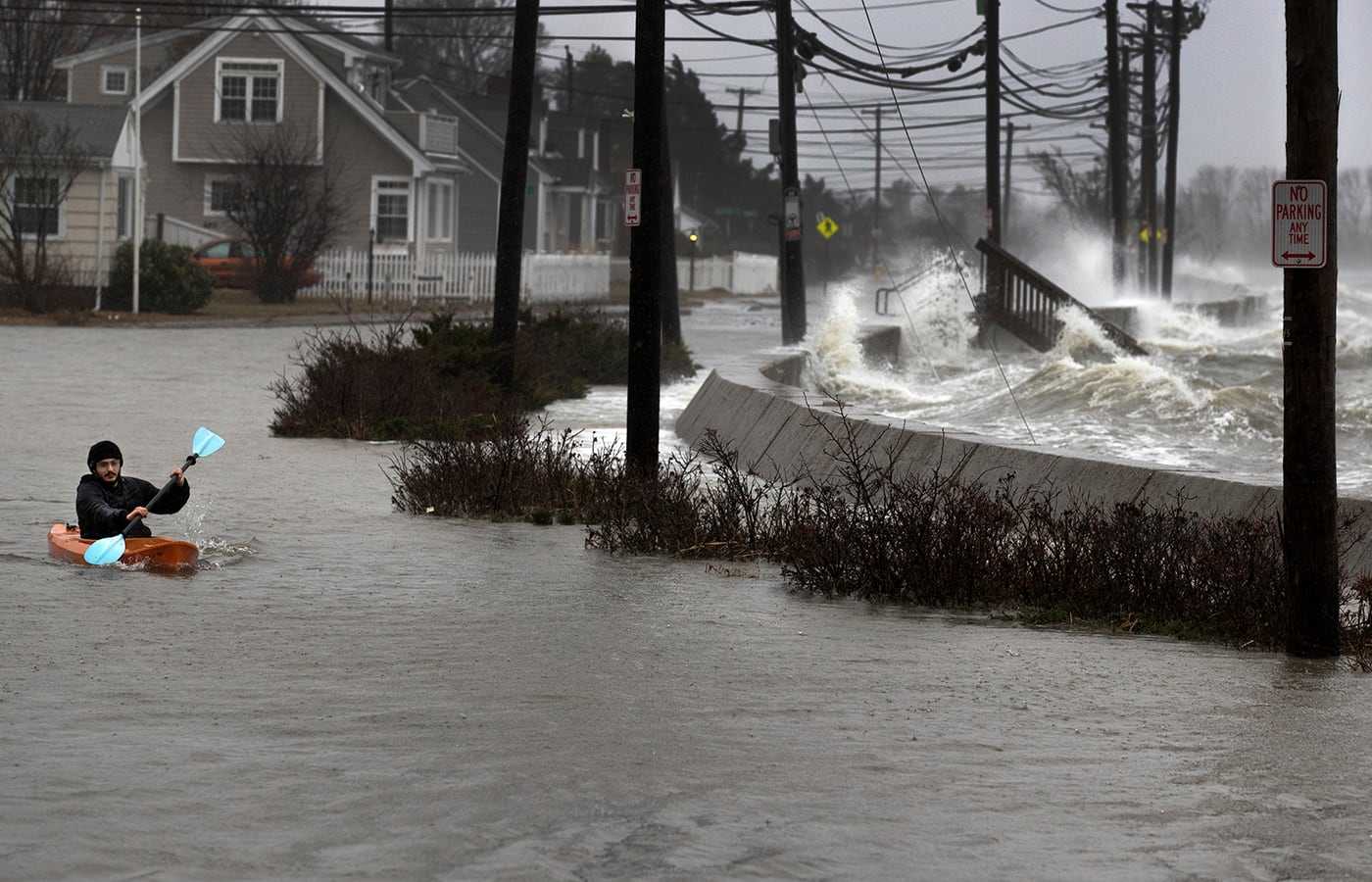 Daniel Cunningham of Squantum dodged waves in his kayak during a storm in 2018.