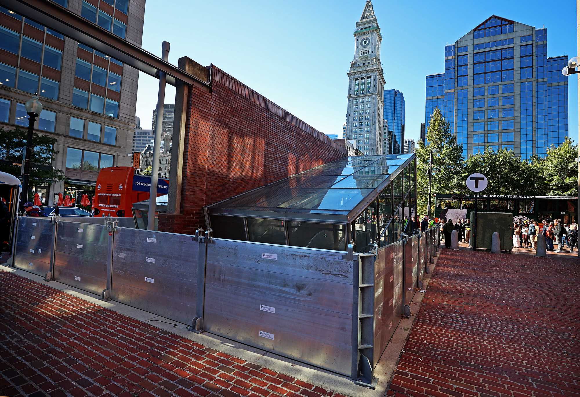 Deployable barriers protected the MBTA's Aquarium Blue Line station on Long Wharf ahead of a nor'easter earlier this month.