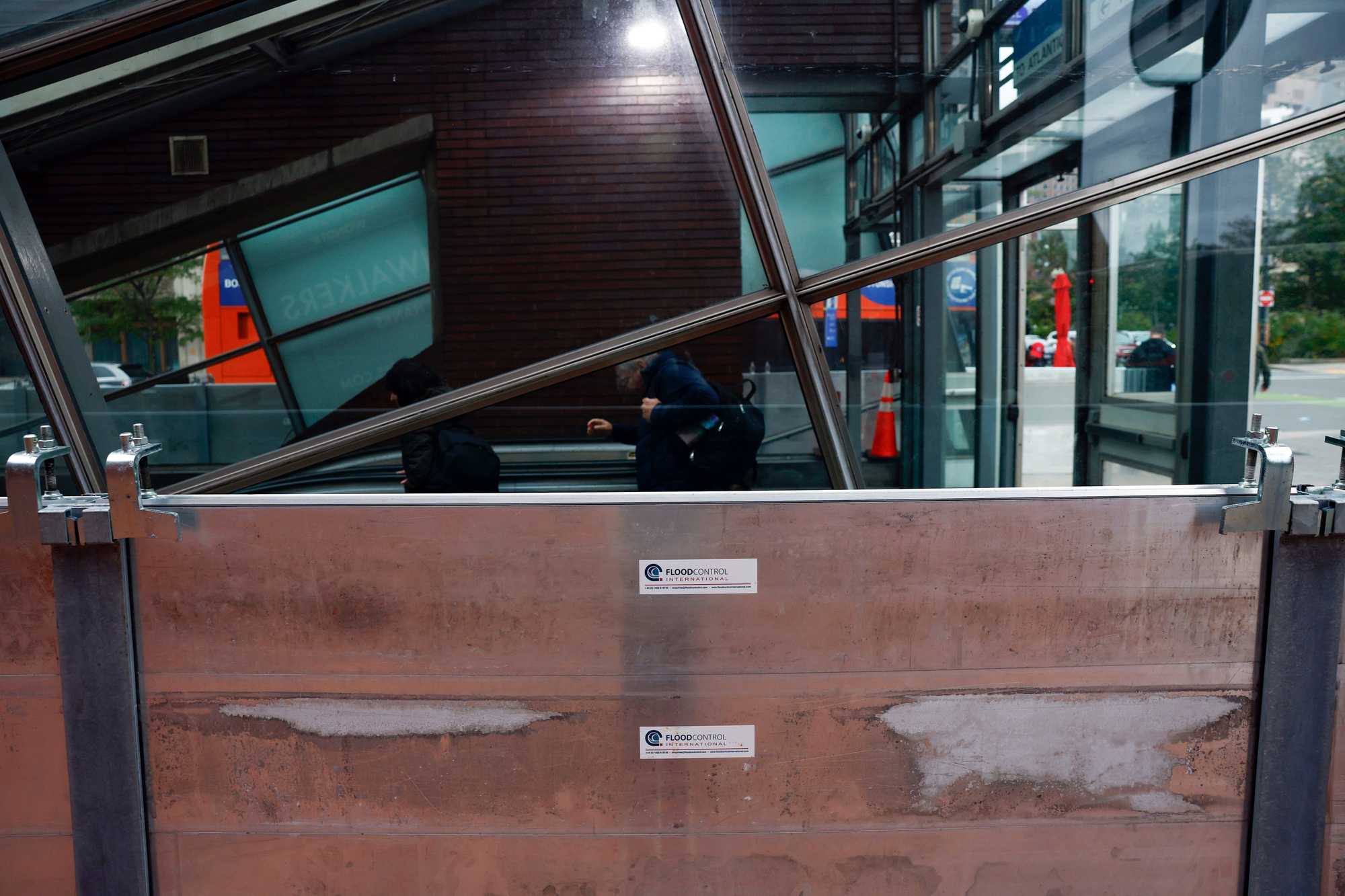 Flood barriers protected the entrance to the Aquarium Station on the MBTA's Blue Line ahead of a nor'easter in October.