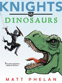 A book cover for Knights vs. Dinosaurs