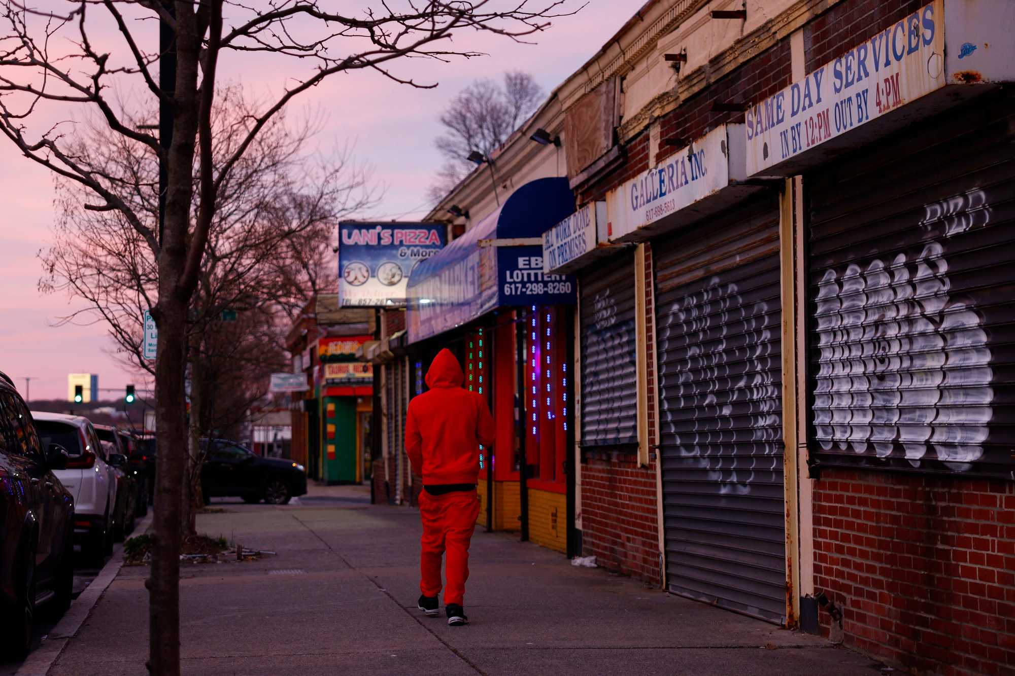 The Mattapan section of Blue Hill Avenue is dotted with takeout spots, including Lani's Pizza (above).