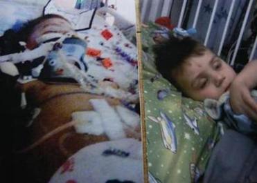 In December 2011, Strider was locked in a shed by his mother’s boyfriend and beaten. Doctors weren’t sure he’d survive. Admitted to the Pediatric Intensive Care Unit at the Maine Medical Center in Portland, he fought his way back. Lanette took the photo on the left while visiting her grandson in the ICU. The photo on the right shows Strider after he was released.