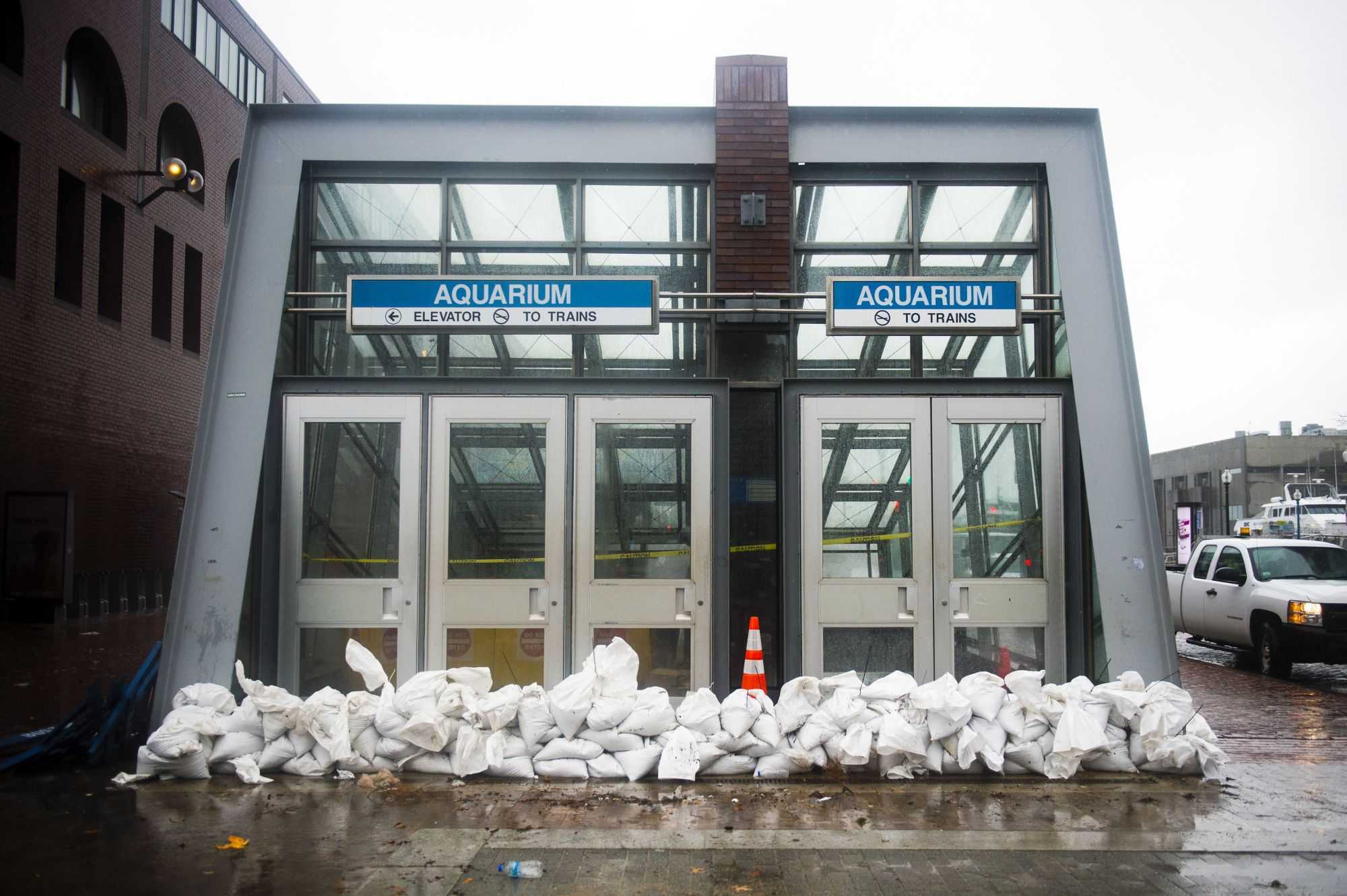 Sandbags lined the entrance to the Aquarium MBTA station during a storm in March 2018.