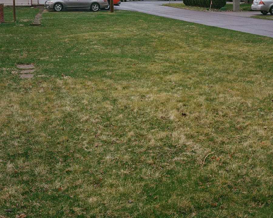 This is the bottom right portion of a composite of four images that make up one image of Kate's childhood home. This portion of the composite shows a lawn splotched with green and yellow grass. The bottom portion of a gray car can be seen parked in the driveway of the home, and the street in front of the home glistens as if it's slightly wet.