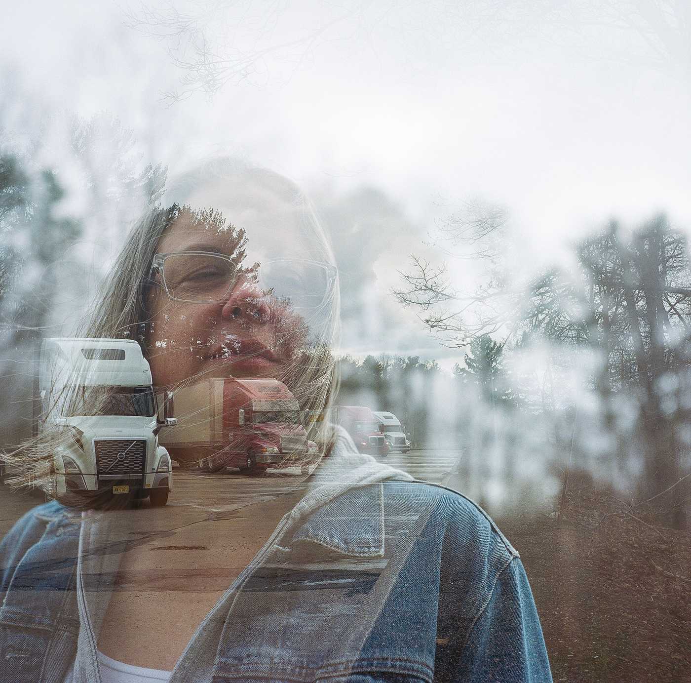 A double-exposure of Kate overlaid with the rest area. “All I remember thinking is: All the cars are going by. Don’t they see me? Don’t they see me? It’s like I didn’t exist,” she says.

