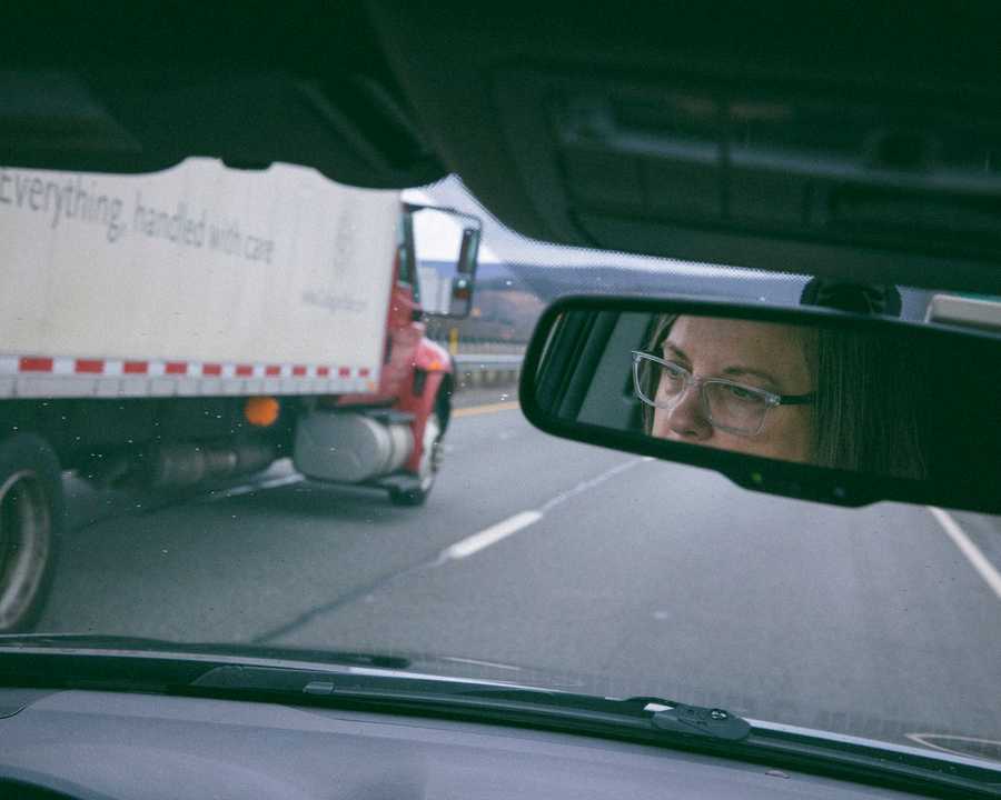 Central Penn. - 4/1/2022 On Right, Kate Price navigates the I-80 bridge across the Susquehanna River, the very same stretch of highway on I-80 where she recalled being taken as a child. Erin Clark/Globe Staff