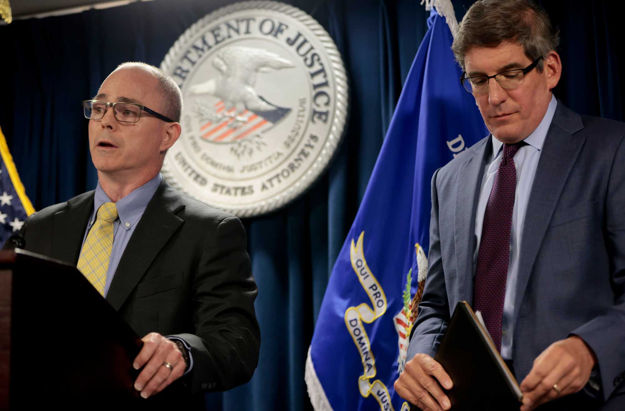 Acting US Attorney Joshua S. Levy, at right with Stephen J. Kelleher of the Boston FBI office, revealed in August that Matthew Farwell had been indicted.