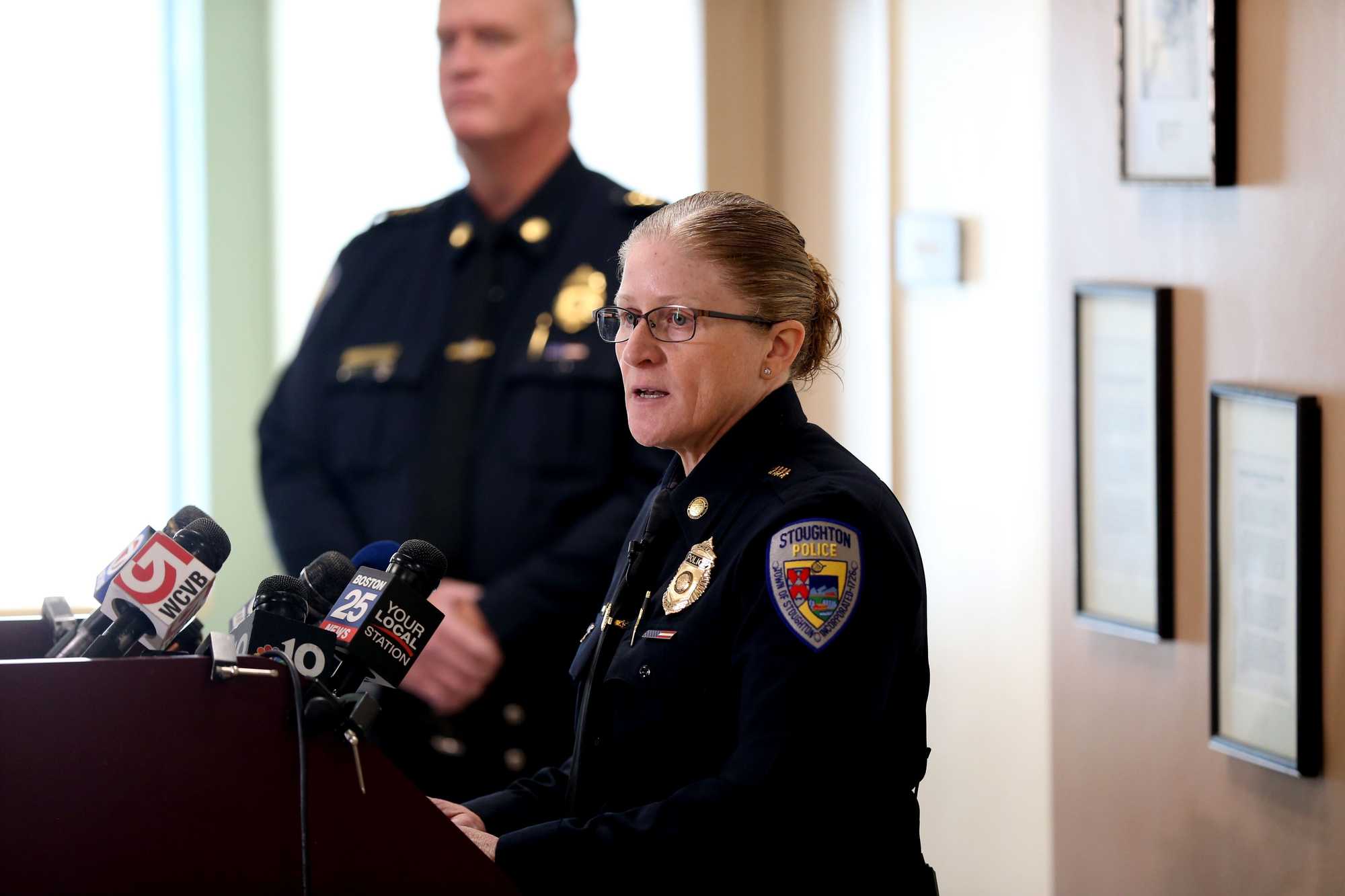 Stoughton Police Chief Donna McNamara, shown at a 2022 press conference, entrusted her second-in-command to investigate the behavior of Matthew Farwell. 