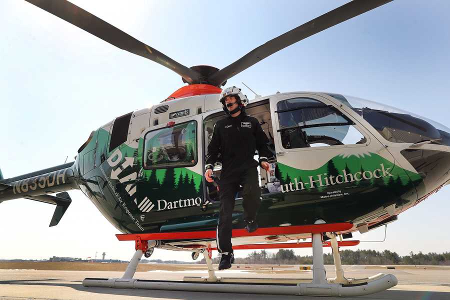 Paramedic Bobby O’Donnell exited the Dartmouth Hitchcock Medical Center’s helicopter at Manchester Airport where he is a flight paramedic on the helicopter. 