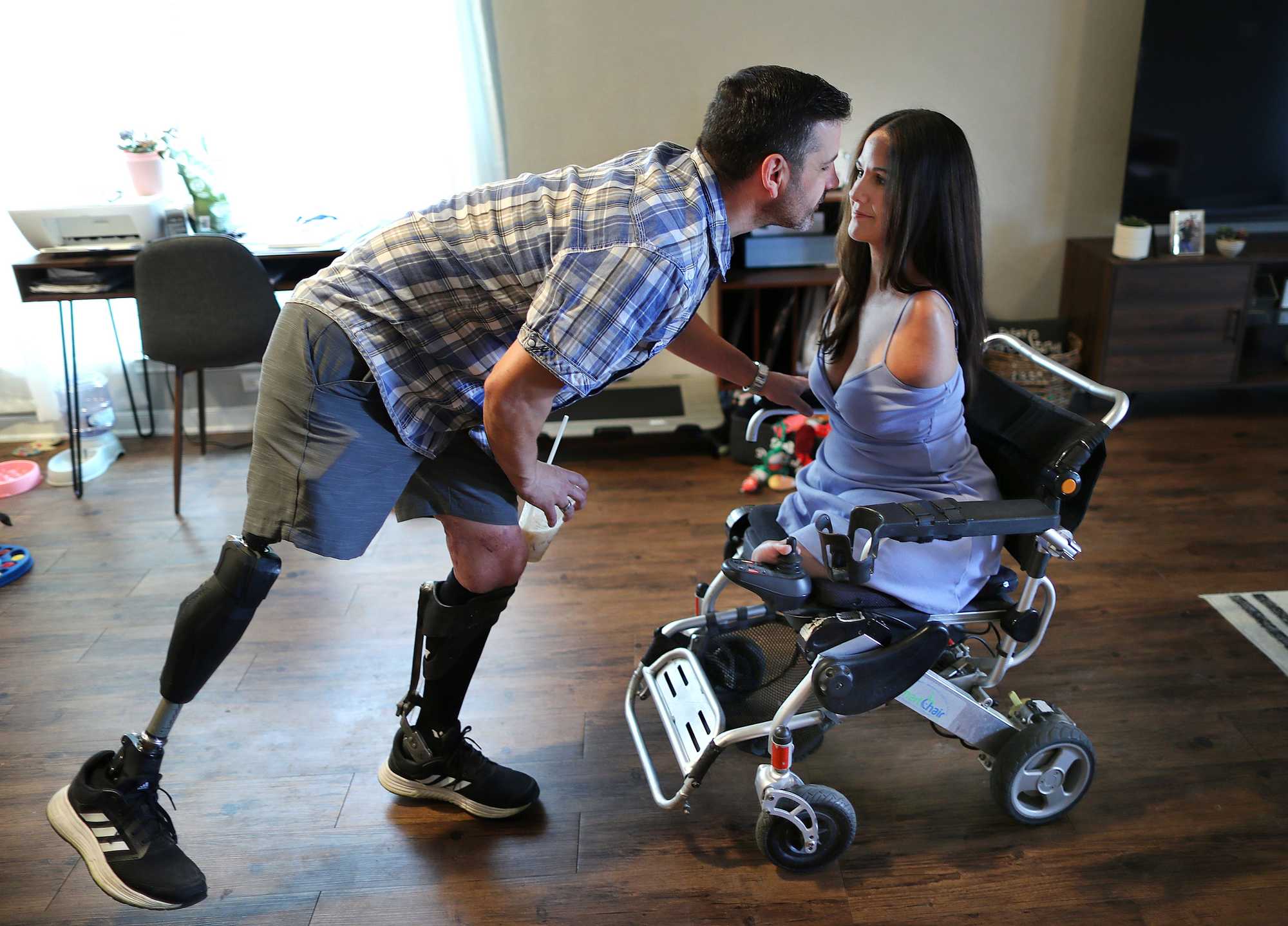 Marc Fucarile leaned over to give a kiss to his wife, Niki. His right leg was blown off high above his knee by the second bomb that exploded on April 15, 2013, during the terrorist attack at the Boston Marathon. 