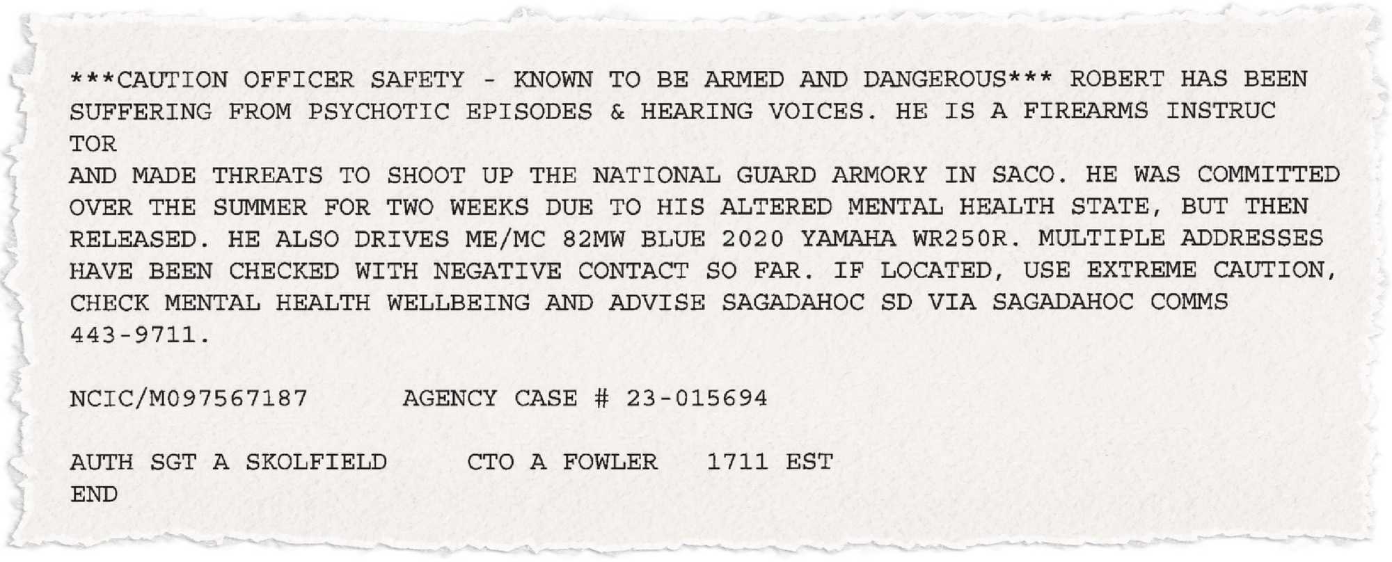 The File 6 alert regarding Robert Card.