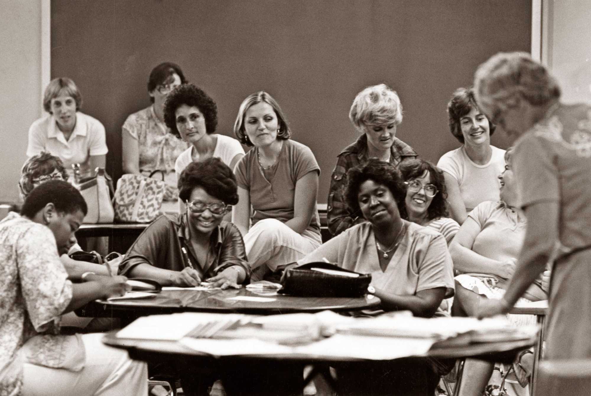 Teachers at the Lee listened to principal Fran Kelly as they planned for the first day of school on Sept. 4 1979.