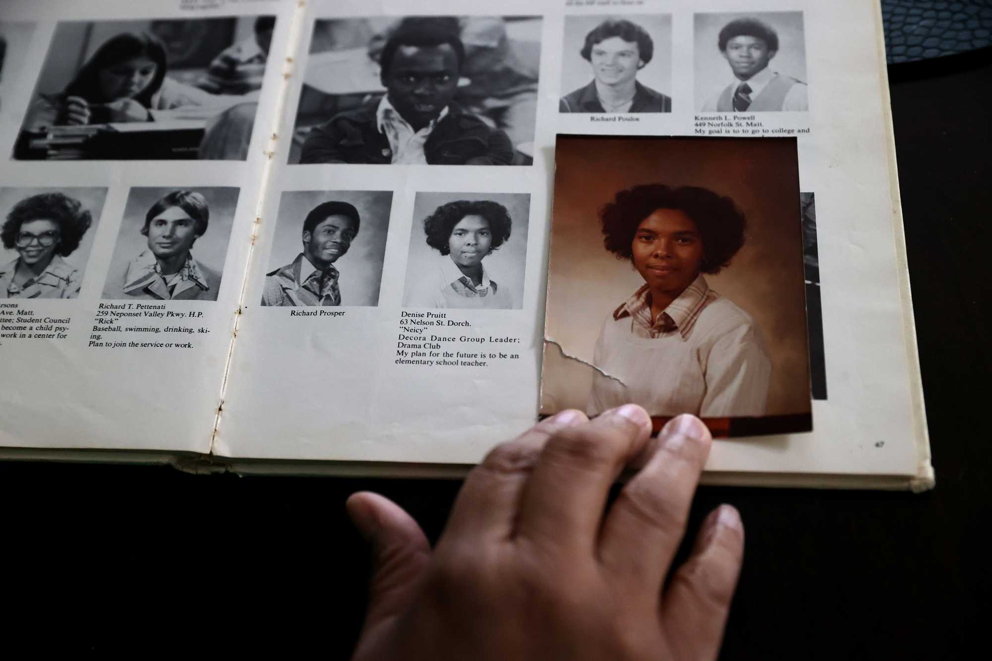 Denise Garrow-Pruitt with her 1978 Hyde Park High School yearbook and photo. Her mother, Earline Pruitt, was a plaintiff in the lawsuit that sued Boston Public Schools for better education for Black children. As a result of the court's ruling, Denise and her brother James were bused to Hyde Park High school from their Dorchester home. 