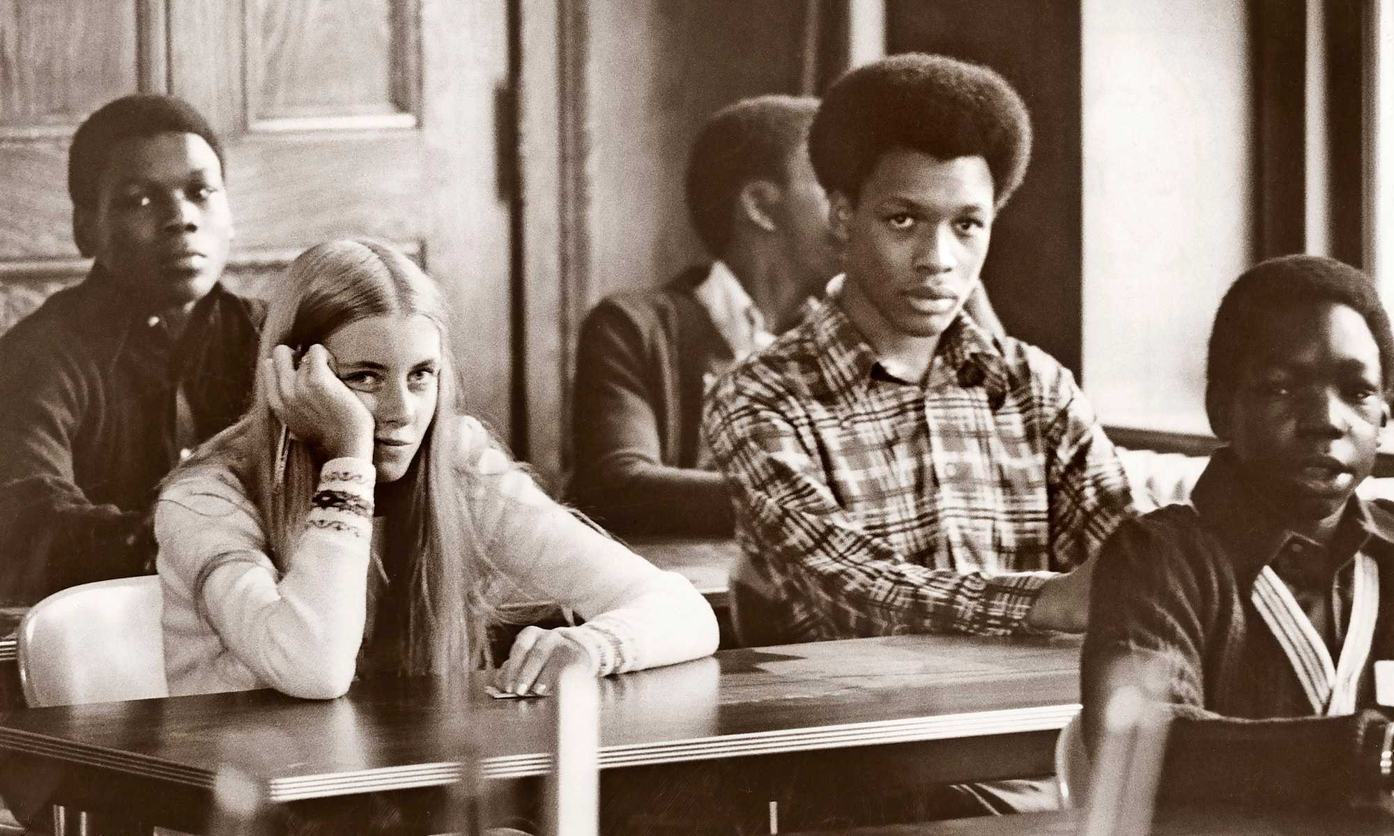 Students in Room 610 at Roxbury High School waited for class to start on Sept. 12, 1974, the first day of school under the new busing system.