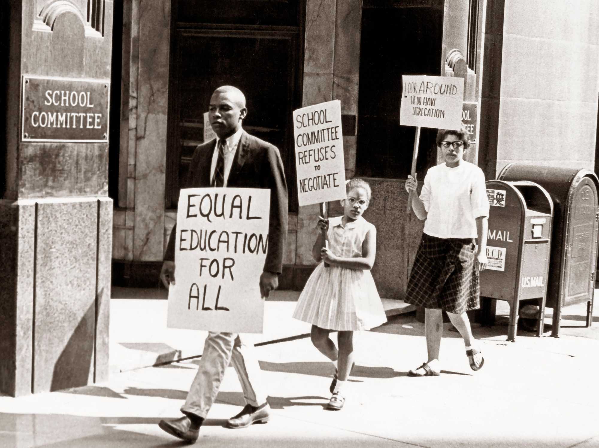 Protesters took part in a picket line outside Boston School Committee headquarters on Aug. 6. 1963.