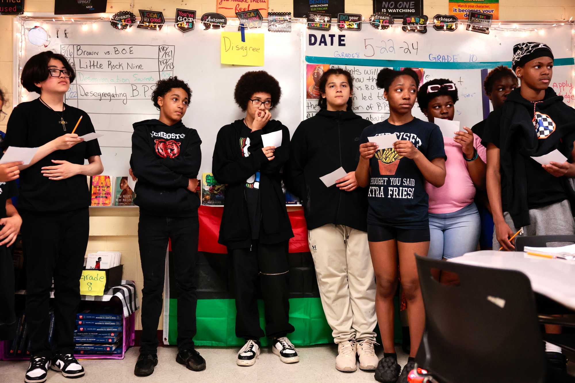 Students discussed statements about racial equity during Tanisha Milton’s eighth-grade civics class at TechBoston Academy.