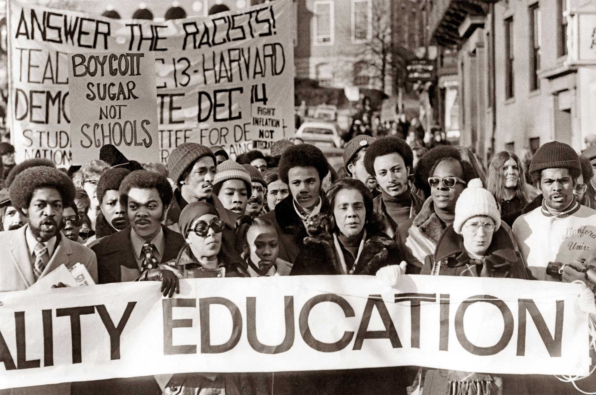 Coretta Scott King led a march in support of school desegregation in Boston on Nov. 30, 1974. (Bill Curtis/Globe Staff)