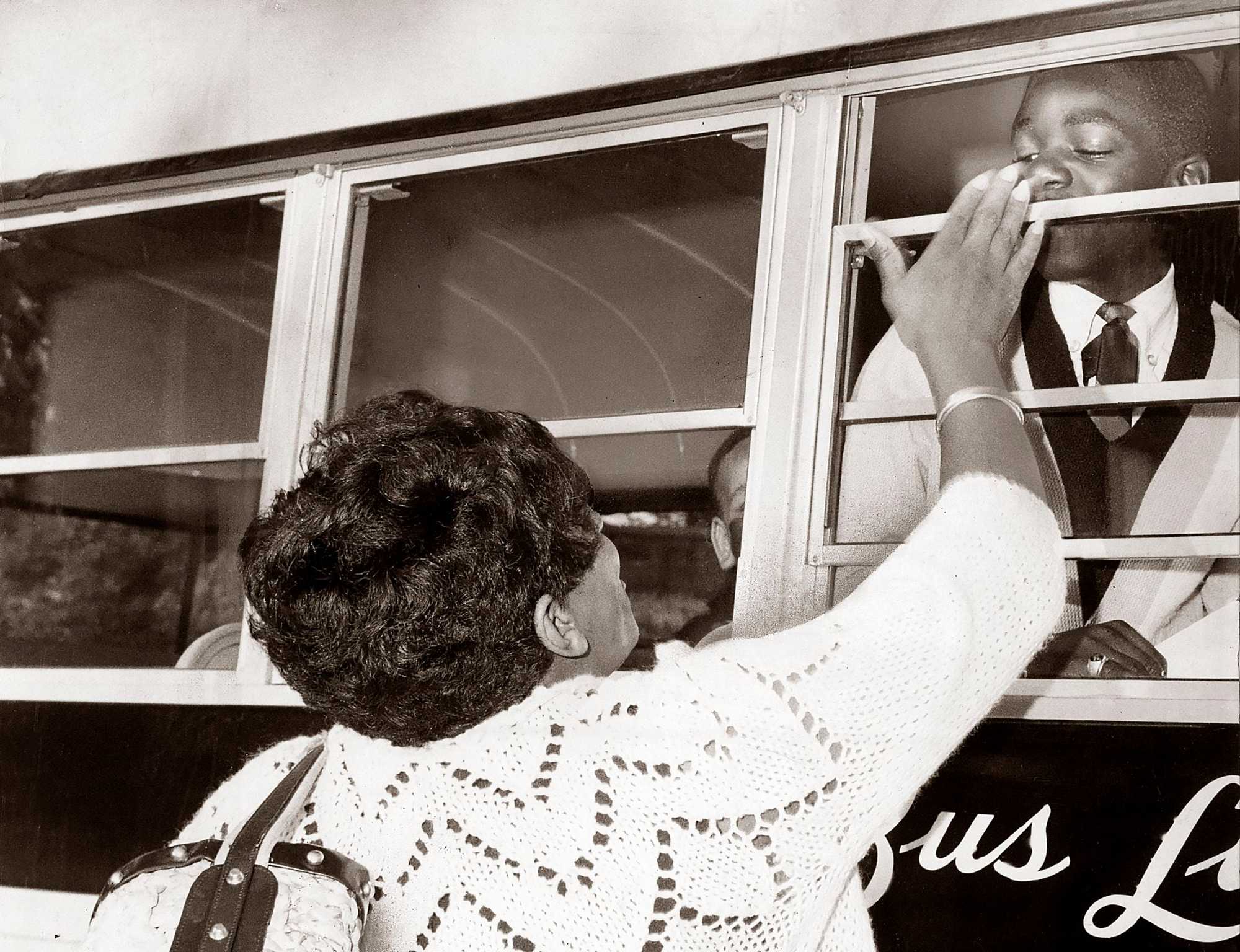 Joan McLarin said a last-minute goodbye to her son, Milton, 13, as his bus left for Braintree Junior High School on Sept. 7, 1966, the first day of the voluntary busing program sponsored by Metco.