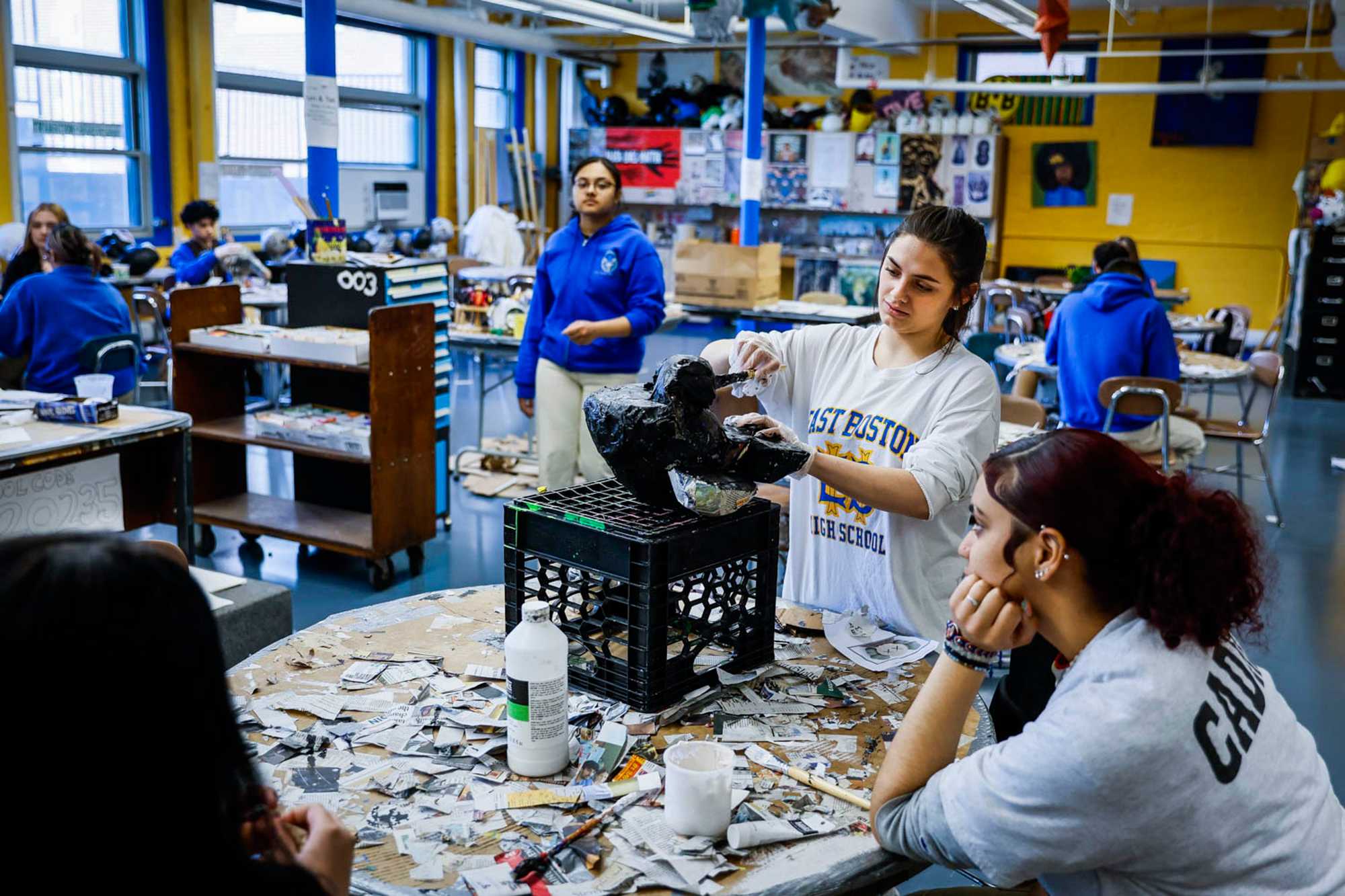 Students at East Boston High worked on papier-mache sculptures while attending their art class on May 17.(Erin Clark/Globe Staff)