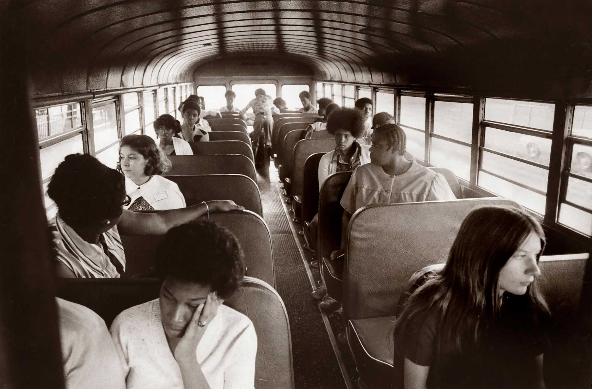 Students on a bus on the second day of school under the new busing system put in place to desegregate Boston Public Schools.