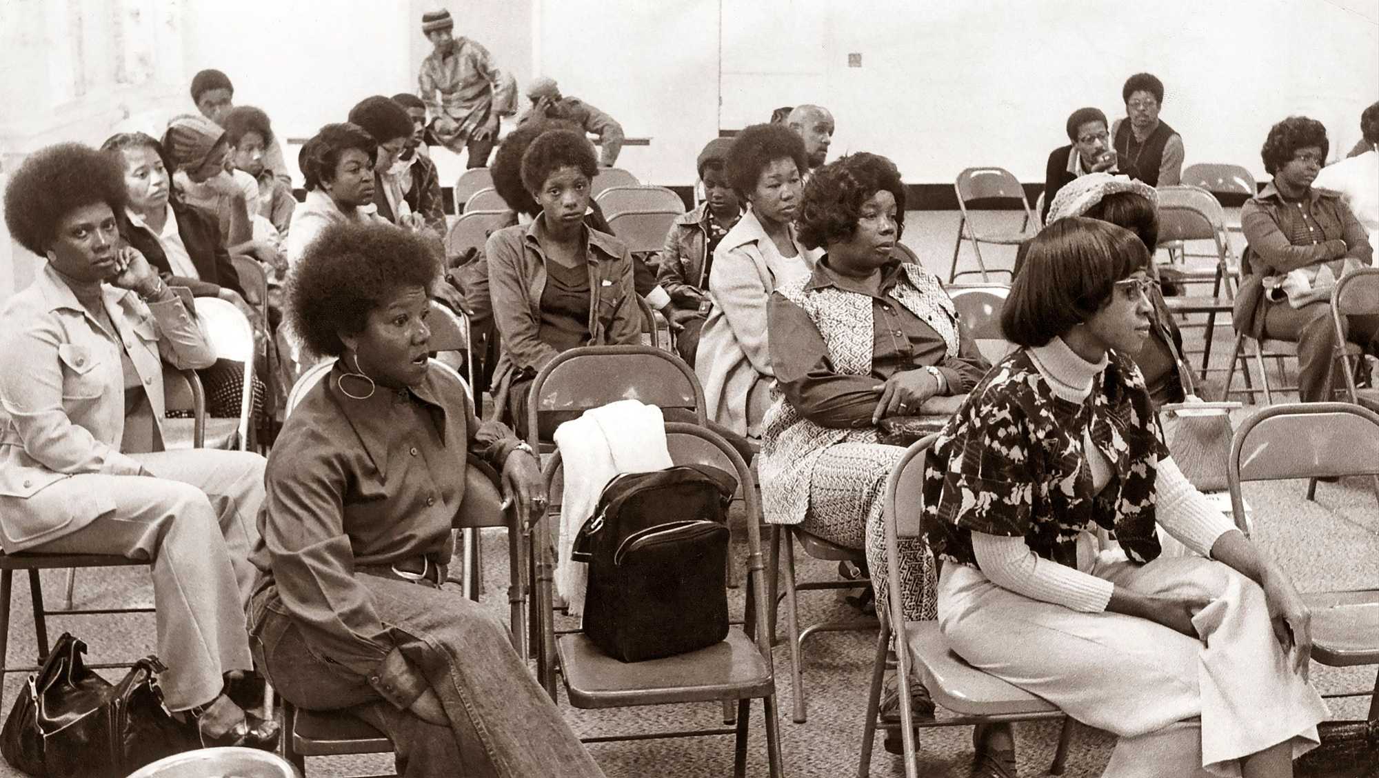 Black mothers met to protest the conditions their children were being subjected to in school in Boston on Sept. 28, 1974. 