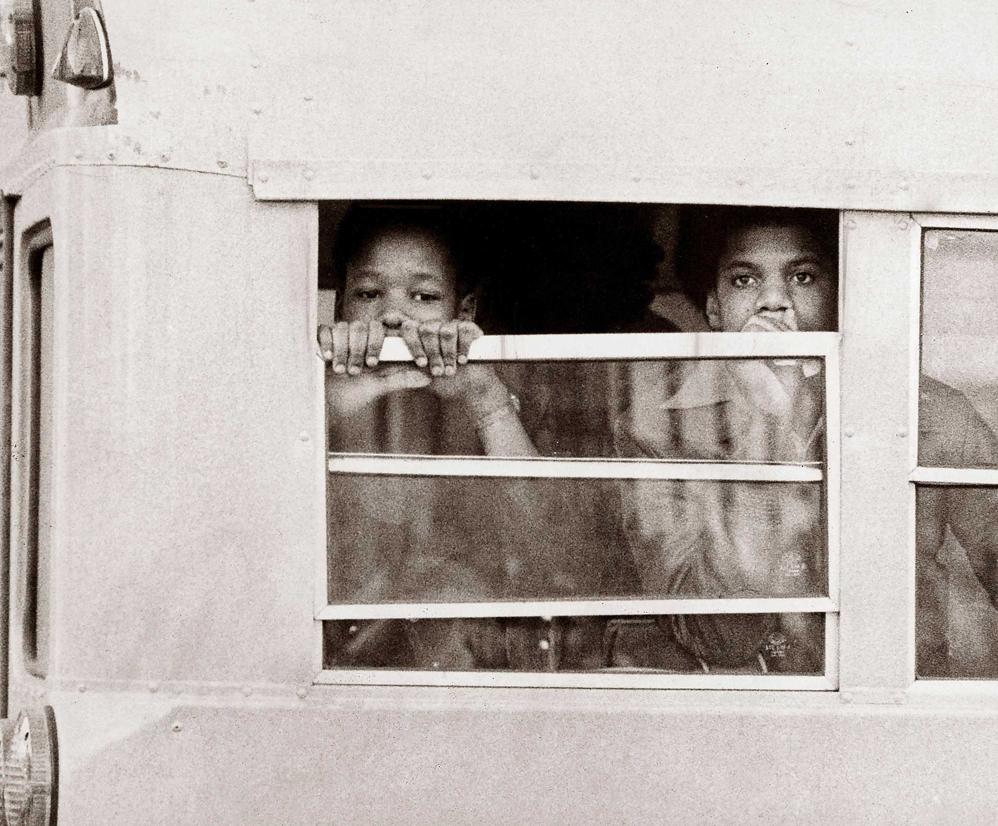 Students before being admitted to South Boston High School on Jan. 8, 1975.