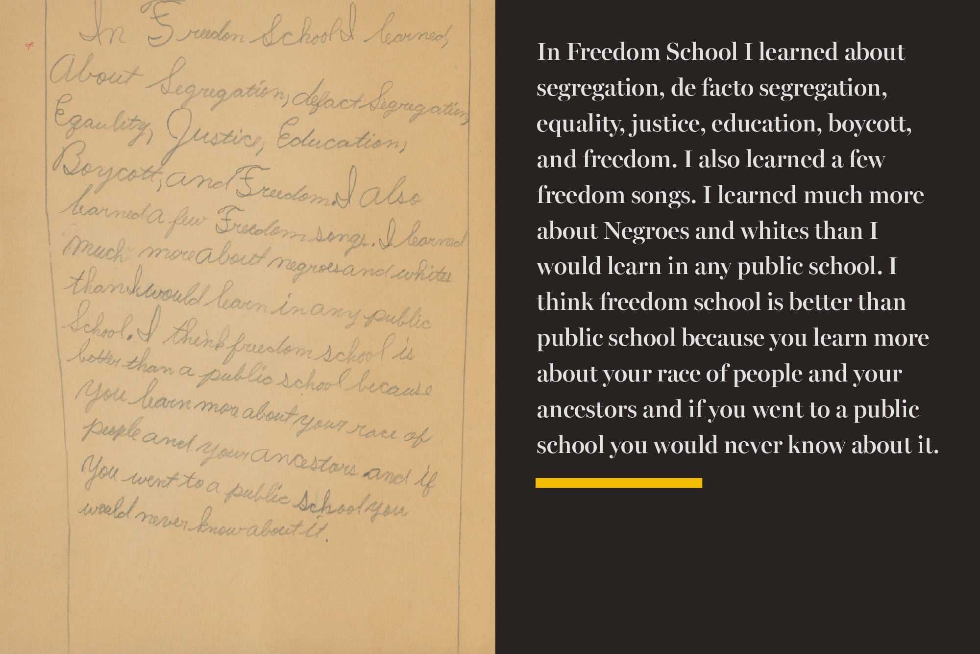 Here, one student wrote that the one-day Freedom School taught them lessons about Black history that they never received in BPS: “If you went to a public school you would never know about it.” (Charles Glenn papers at Northeastern University Archives and Special Collections)