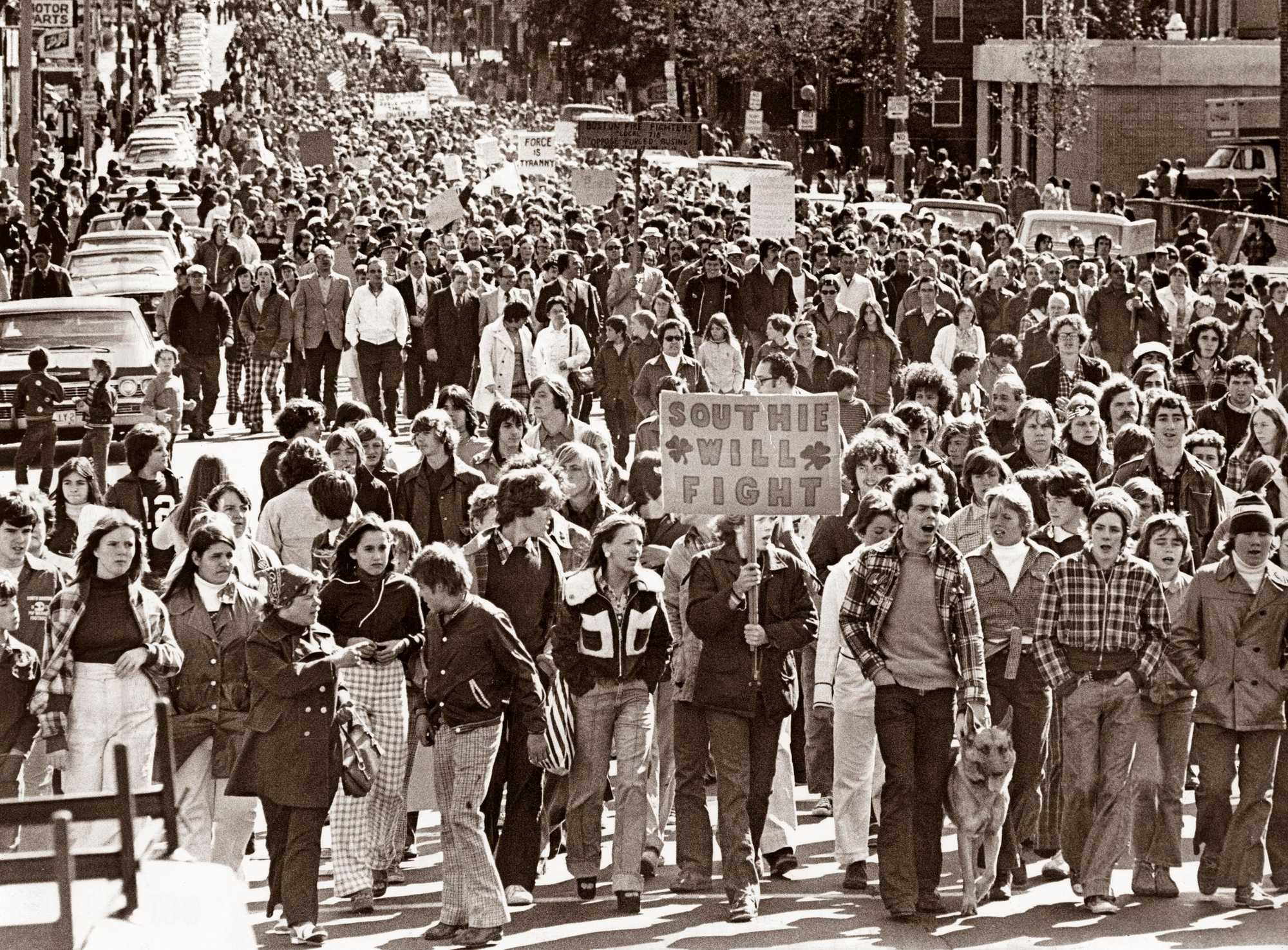 Anti-busing protesters marched in South Boston on Oct. 4, 1974. An initiative to desegregate Boston Public Schools met with strong resistance from many residents of Boston's neighborhoods.