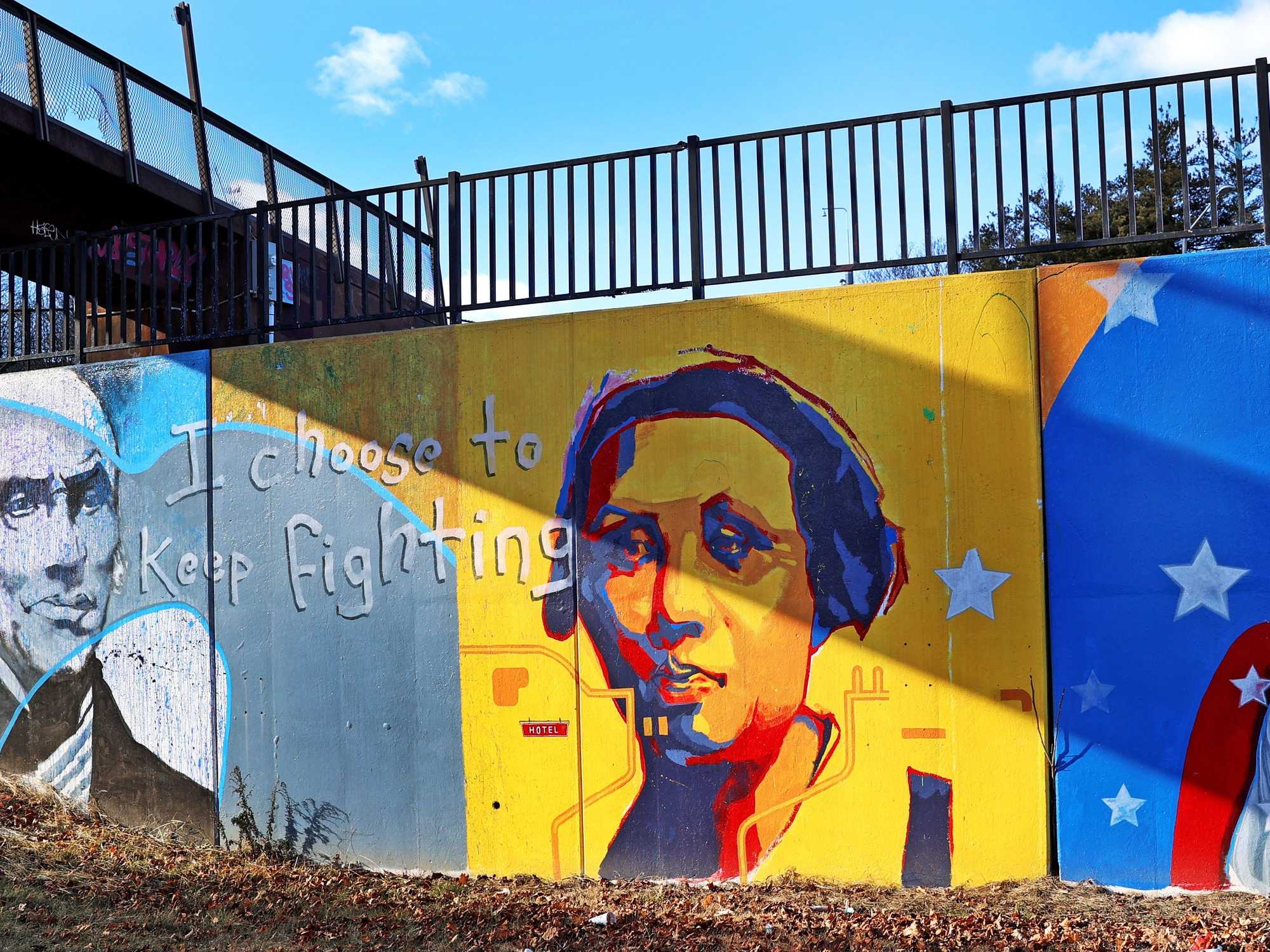 A mural at Fulton Park in New London Conn., with an image of Sadie Harrison.